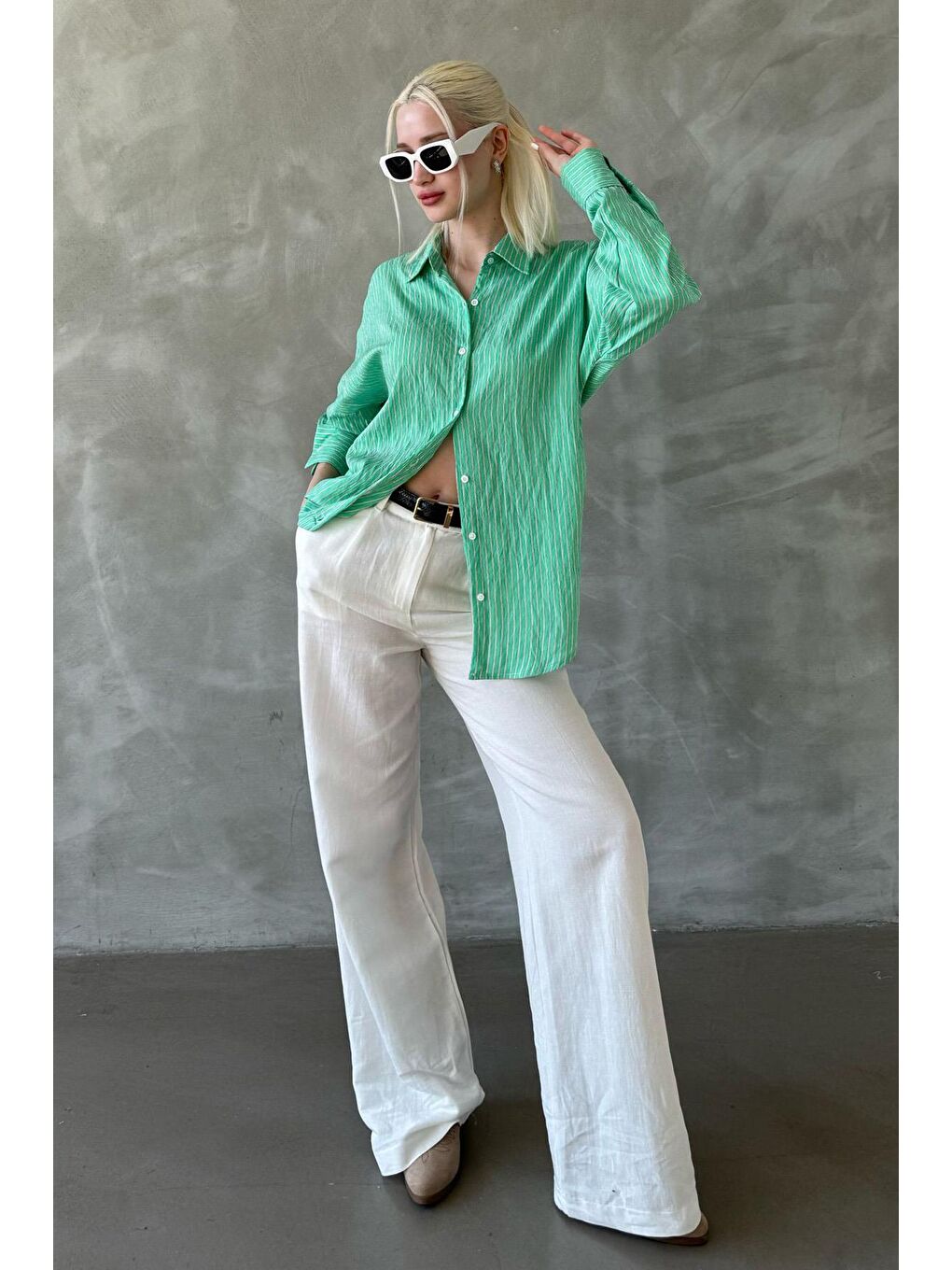 Yeşil Çizgili Oversize Kadın Gömlek Mg2327