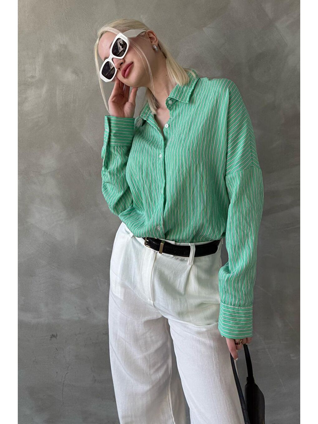 Yeşil Çizgili Oversize Kadın Gömlek Mg2327-2