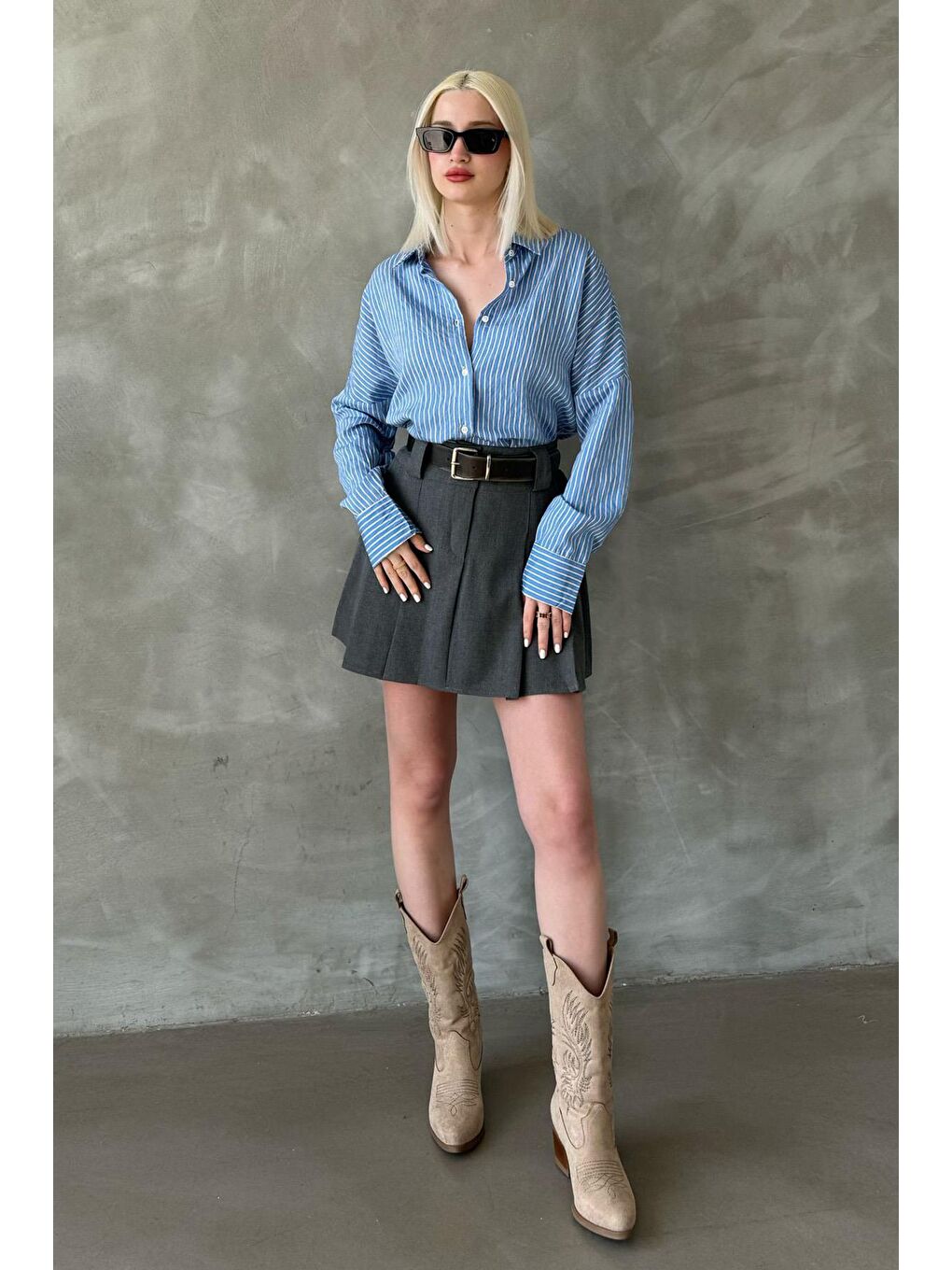 Mavi Çizgili Oversize Kadın Gömlek Mg2327-3