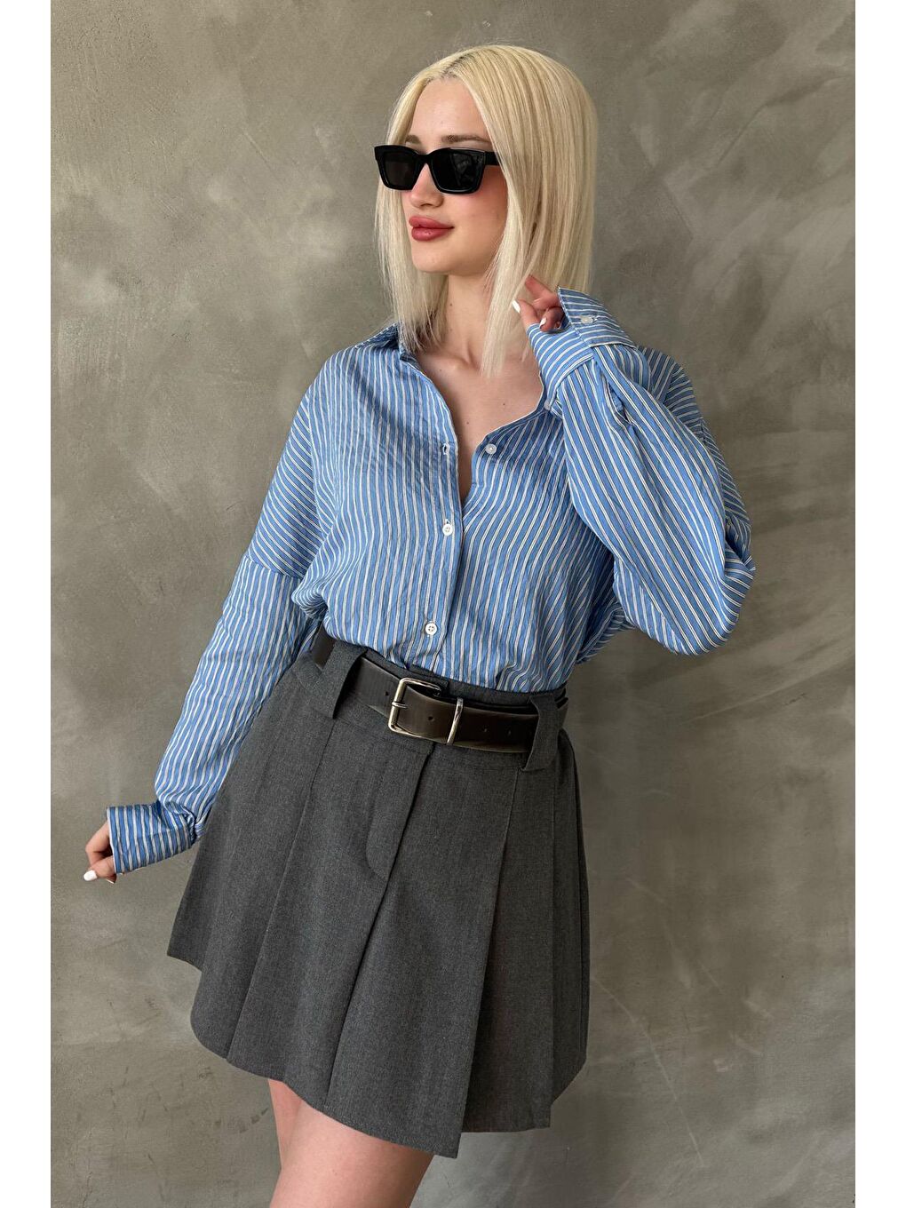 Mavi Çizgili Oversize Kadın Gömlek Mg2327-5