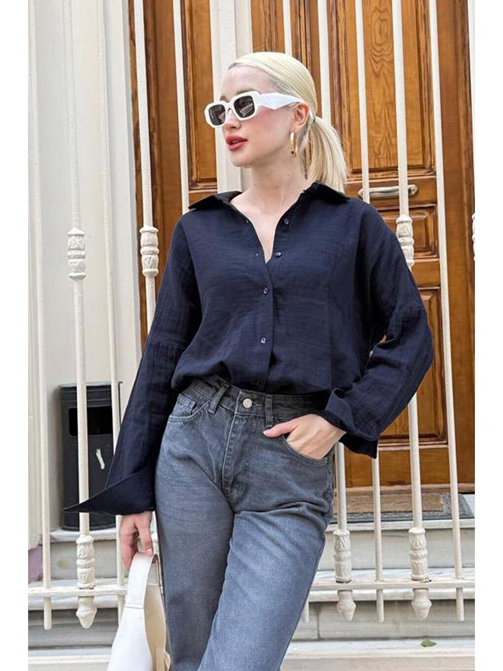 Lacivert Muslin Kumaş Basic Kadın Gömlek Mg1660-3