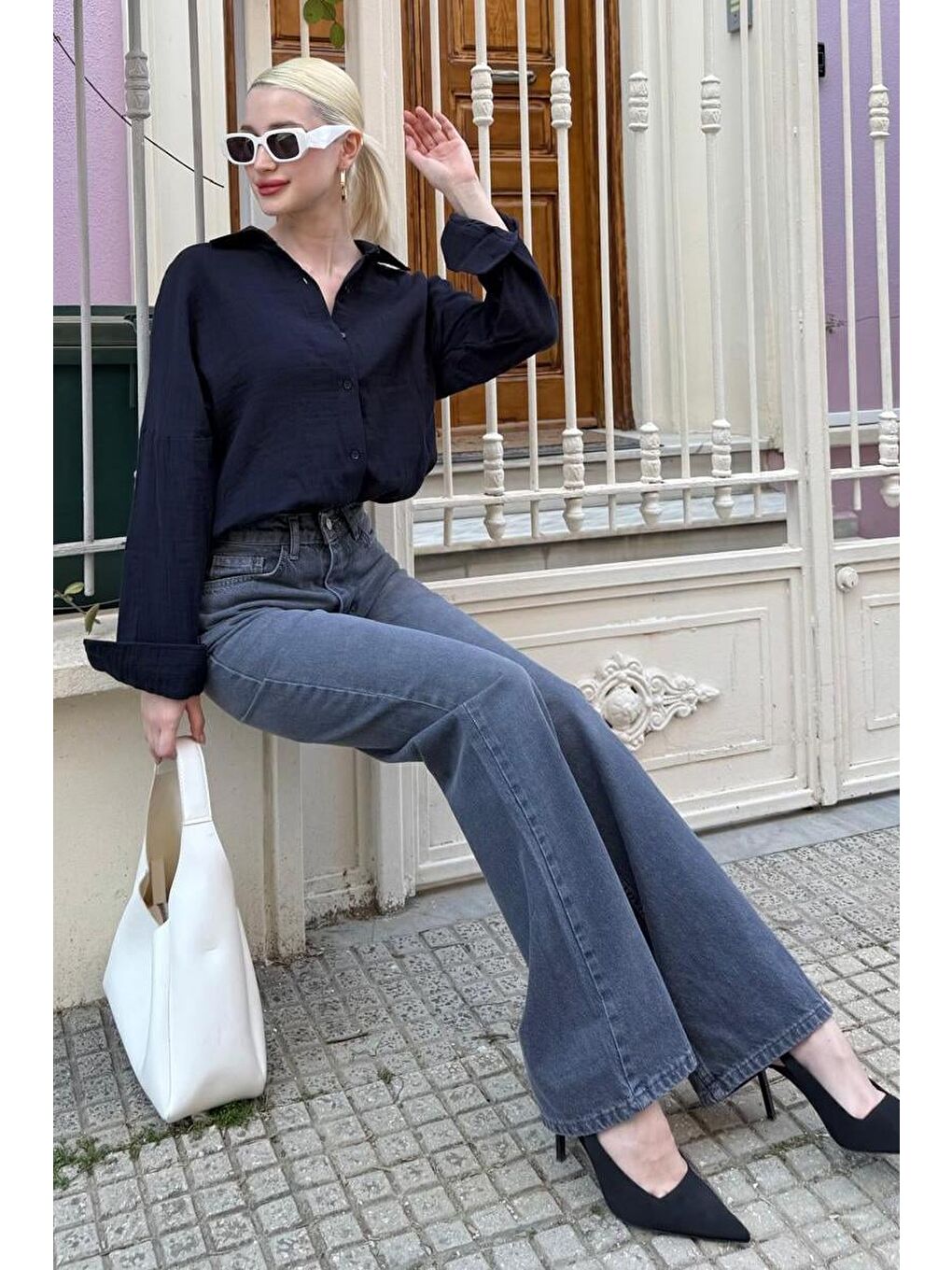 Lacivert Muslin Kumaş Basic Kadın Gömlek Mg1660-4