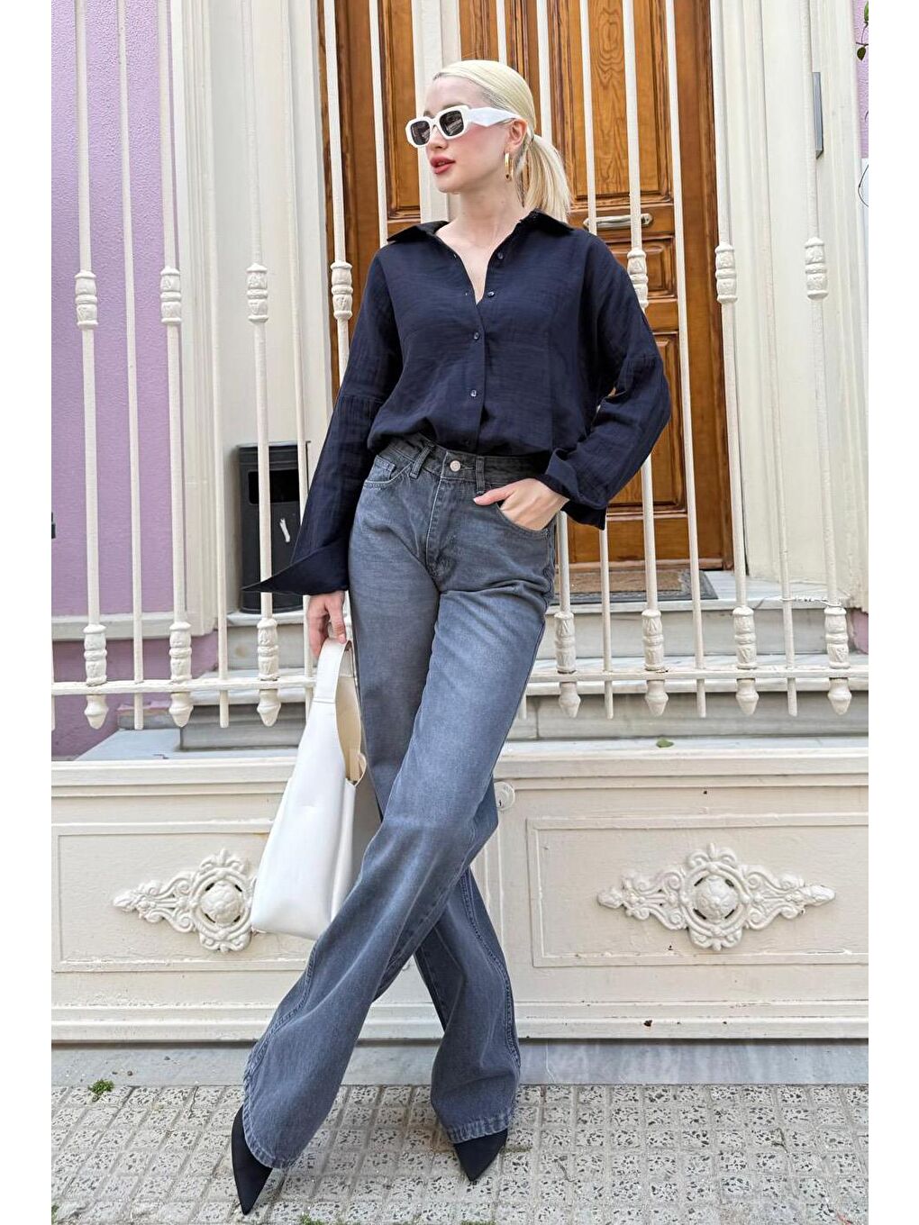 Lacivert Muslin Kumaş Basic Kadın Gömlek Mg1660-5