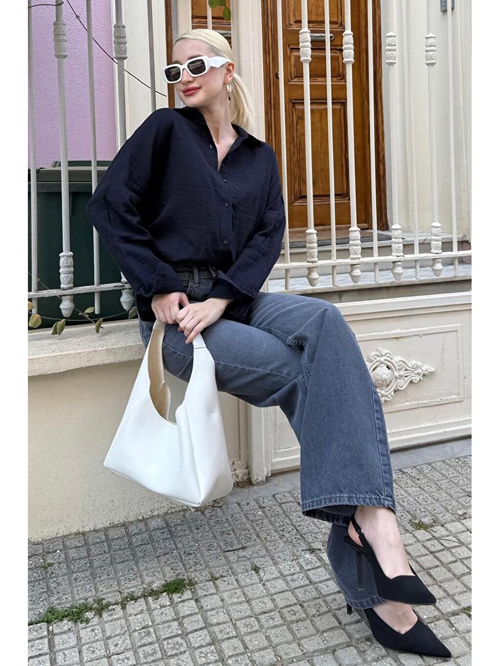 Lacivert Muslin Kumaş Basic Kadın Gömlek Mg1660-8