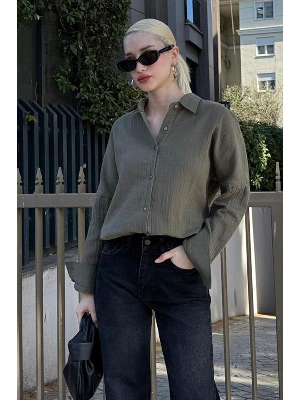 Haki Muslin Kumaş Basic Kadın Gömlek Mg1660