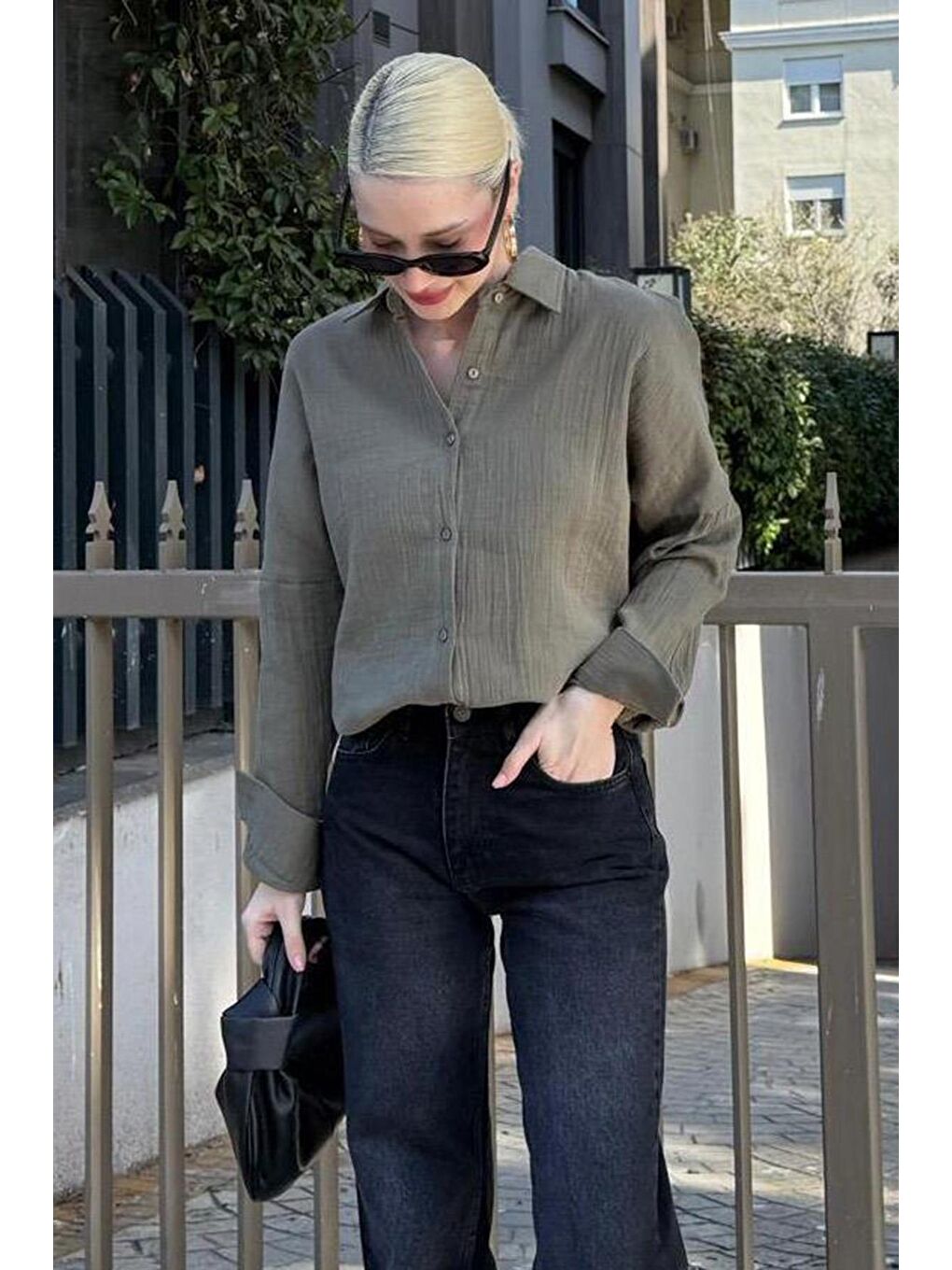 Haki Muslin Kumaş Basic Kadın Gömlek Mg1660-1