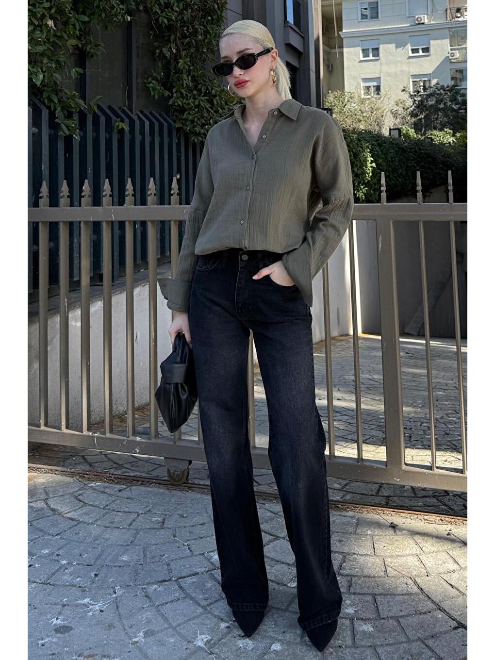 Haki Muslin Kumaş Basic Kadın Gömlek Mg1660-2