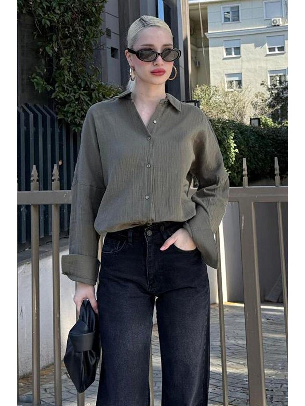 Haki Muslin Kumaş Basic Kadın Gömlek Mg1660-3