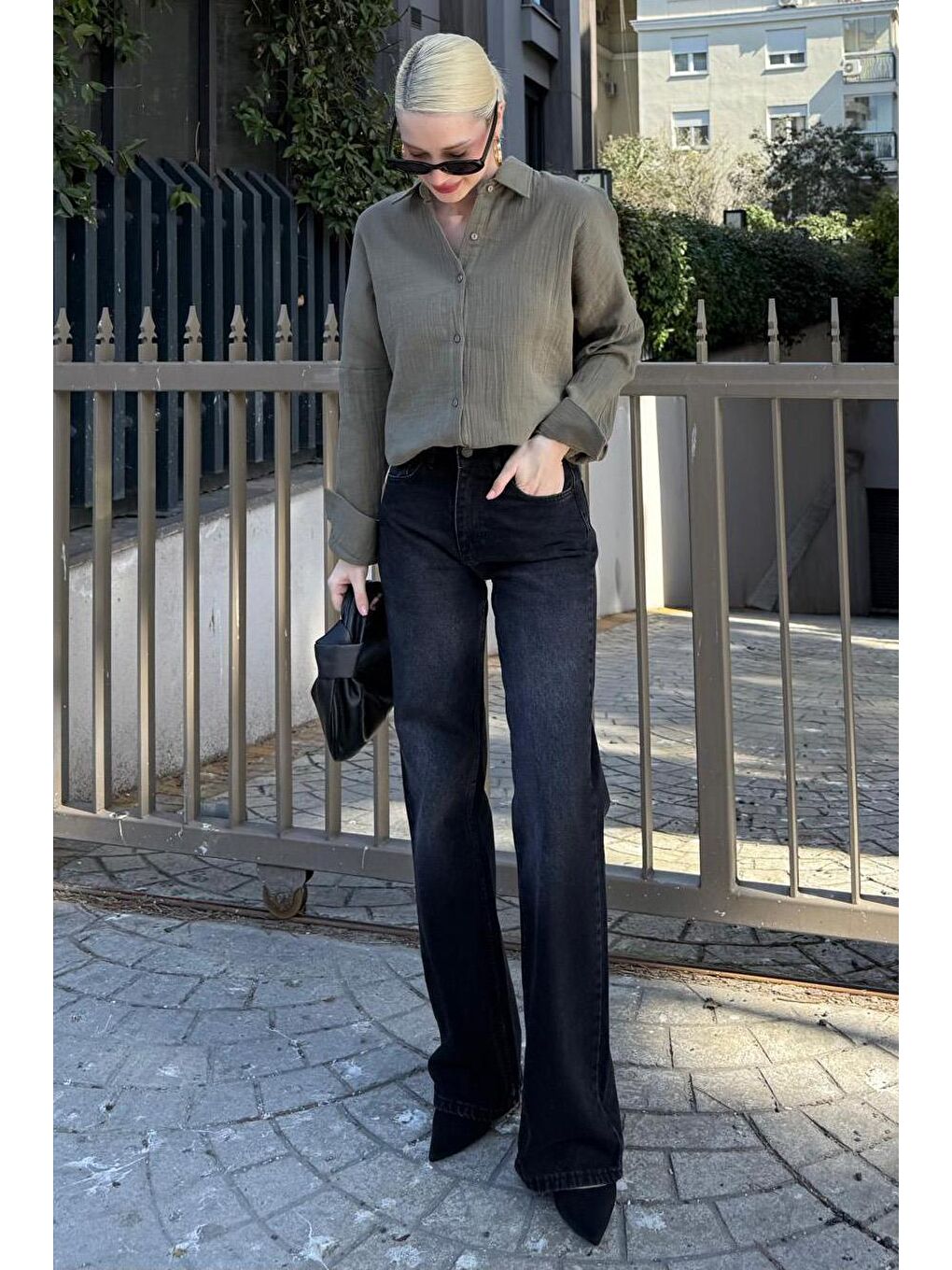 Haki Muslin Kumaş Basic Kadın Gömlek Mg1660-4