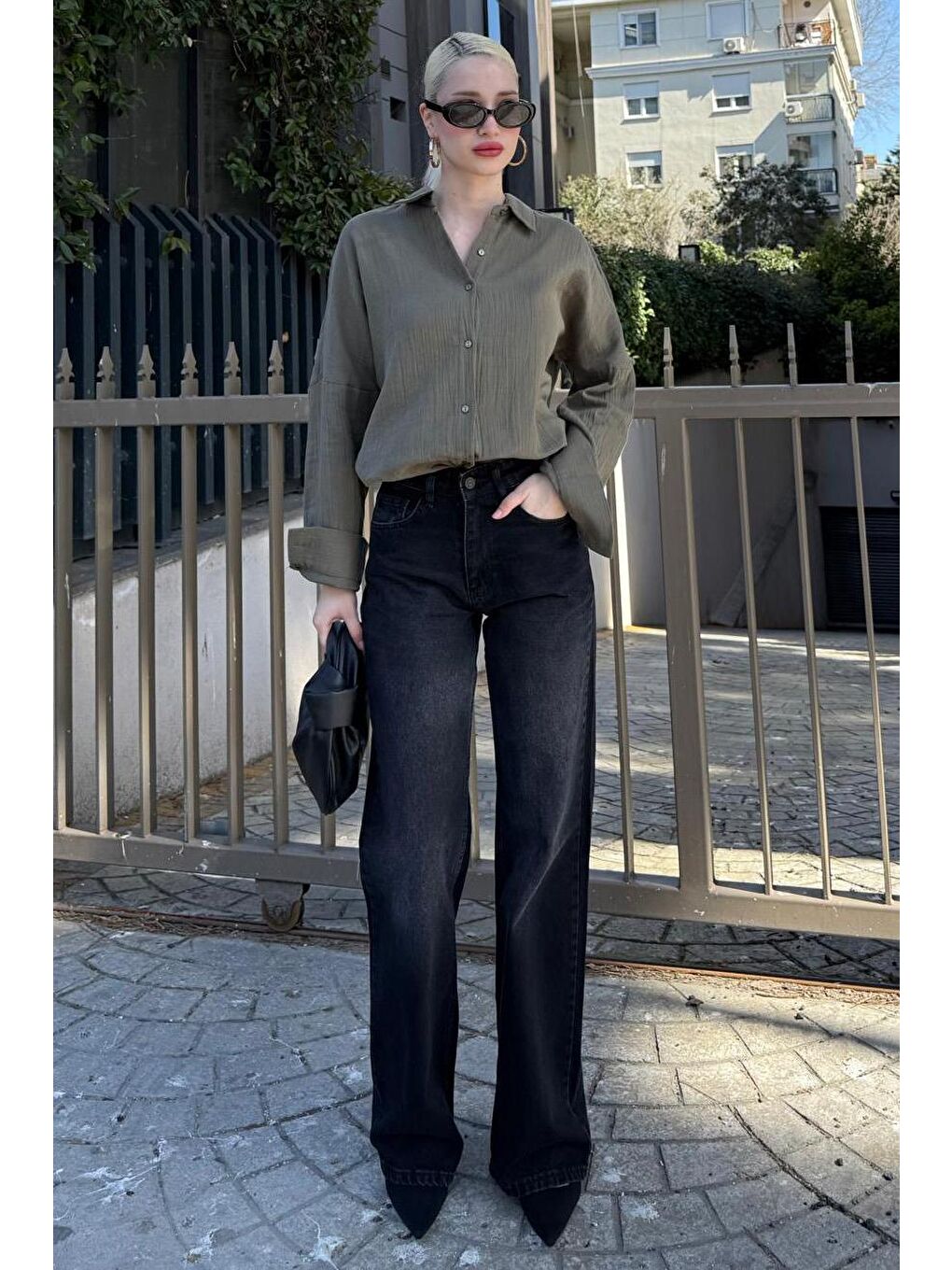 Haki Muslin Kumaş Basic Kadın Gömlek Mg1660-5