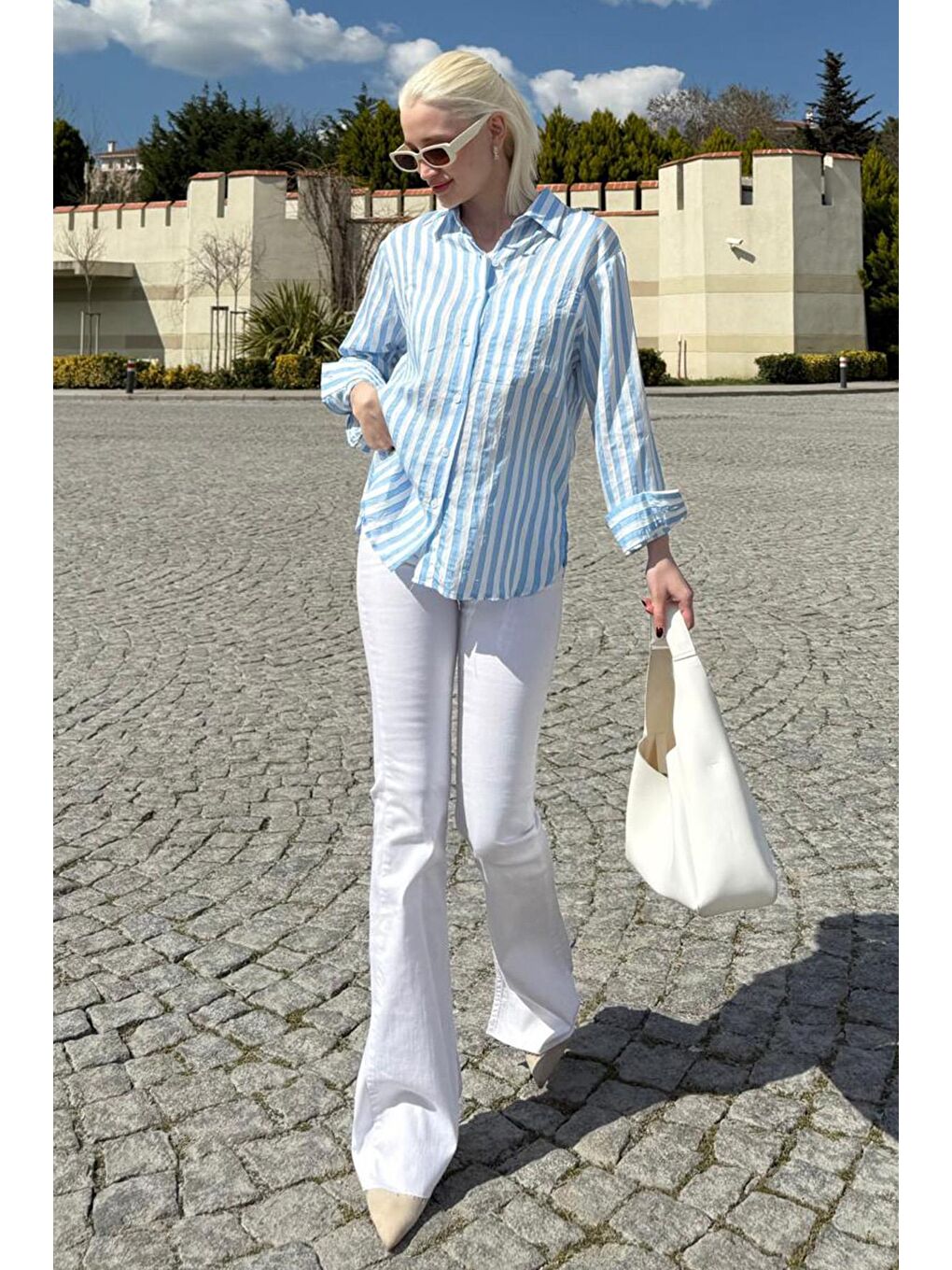 Mavi Cep Detaylı Çizgili Kadın Gömlek Mg2295-1