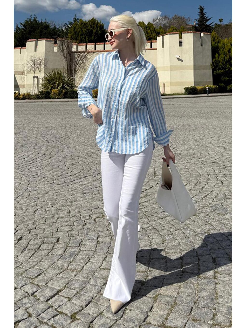 Mavi Cep Detaylı Çizgili Kadın Gömlek Mg2295-2
