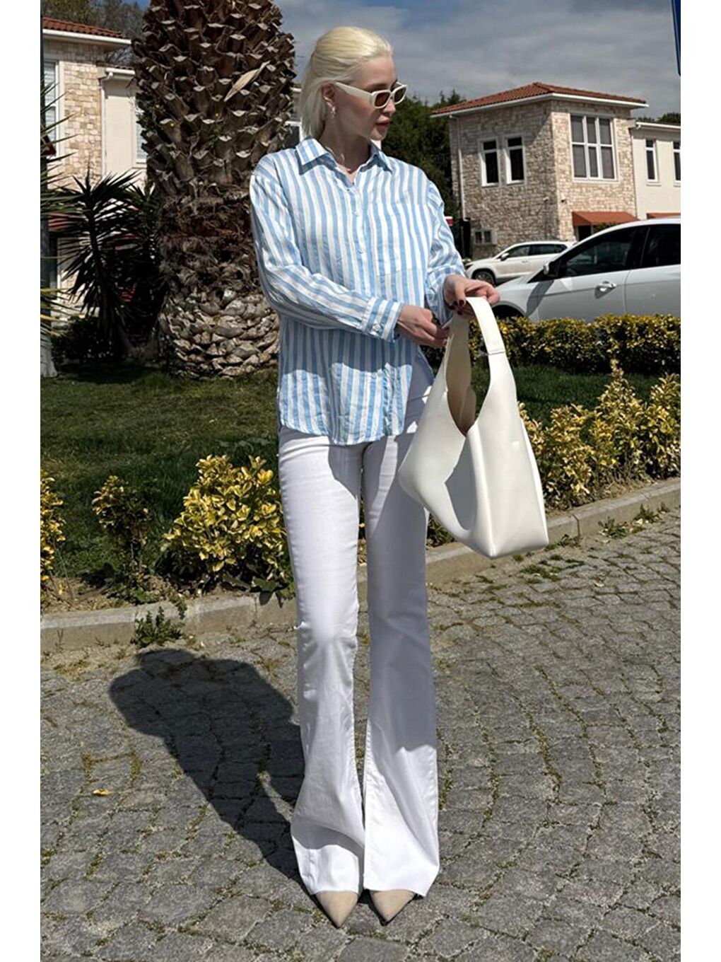 Mavi Cep Detaylı Çizgili Kadın Gömlek Mg2295-3