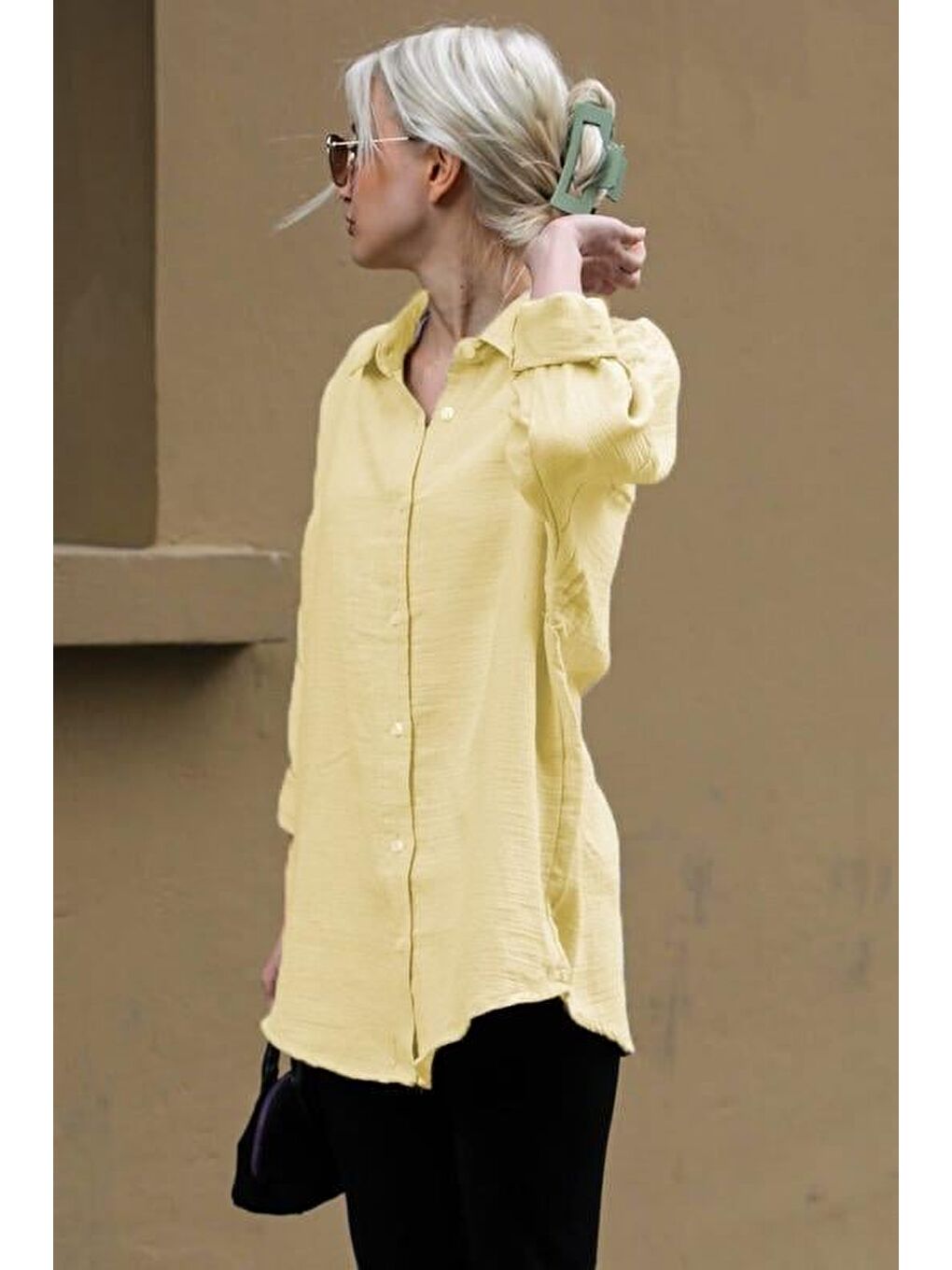 Sarı Muslin Kumaş Basic Kadın Gömlek Mg1660-1