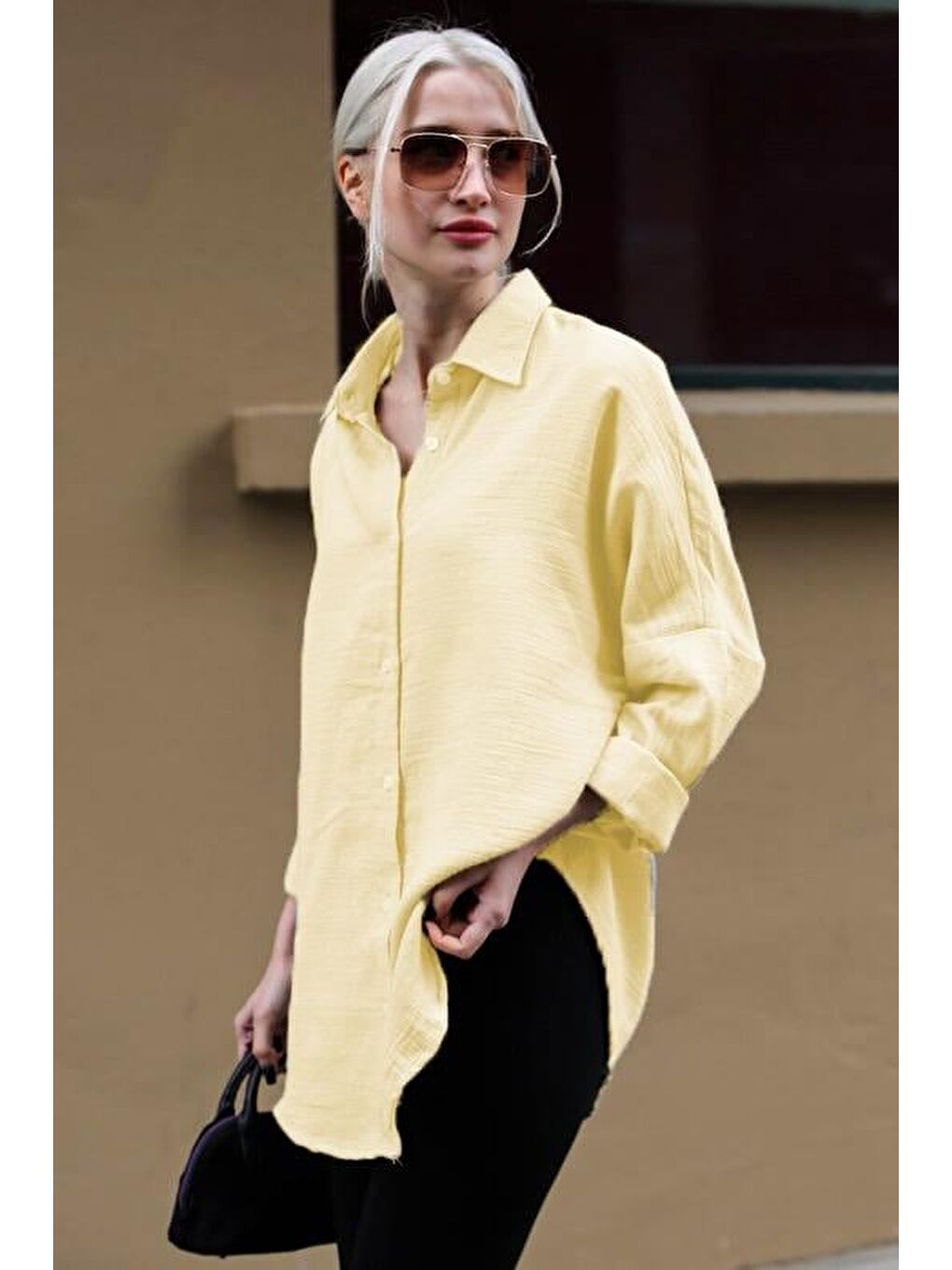 Sarı Muslin Kumaş Basic Kadın Gömlek Mg1660-2