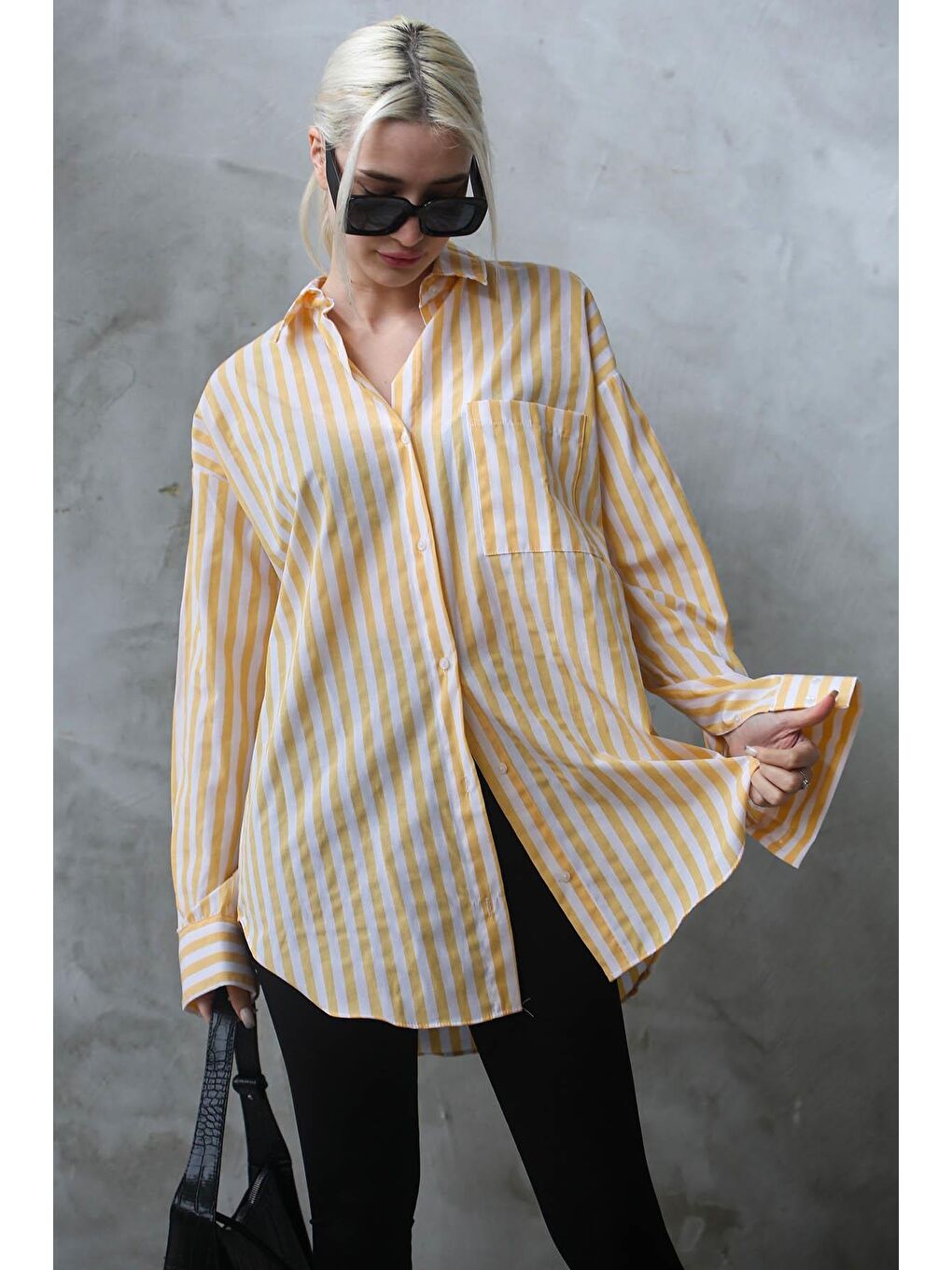 Sarı Çizgili Oversize Kadın Gömlek Mg1688-1