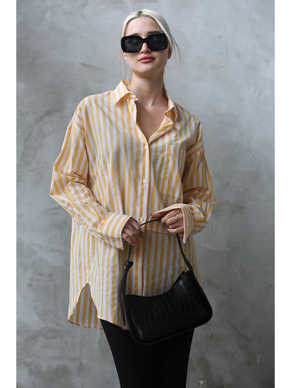 Sarı Çizgili Oversize Kadın Gömlek Mg1688-2