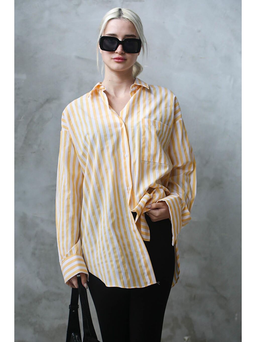 Sarı Çizgili Oversize Kadın Gömlek Mg1688-3