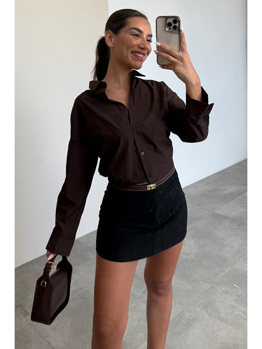 Kahverengi Basic Kadın Gömlek Mg2355