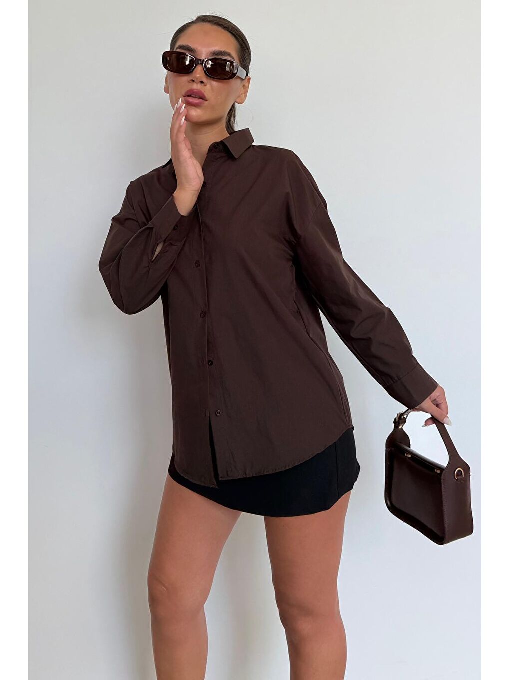 Kahverengi Basic Kadın Gömlek Mg2355-1