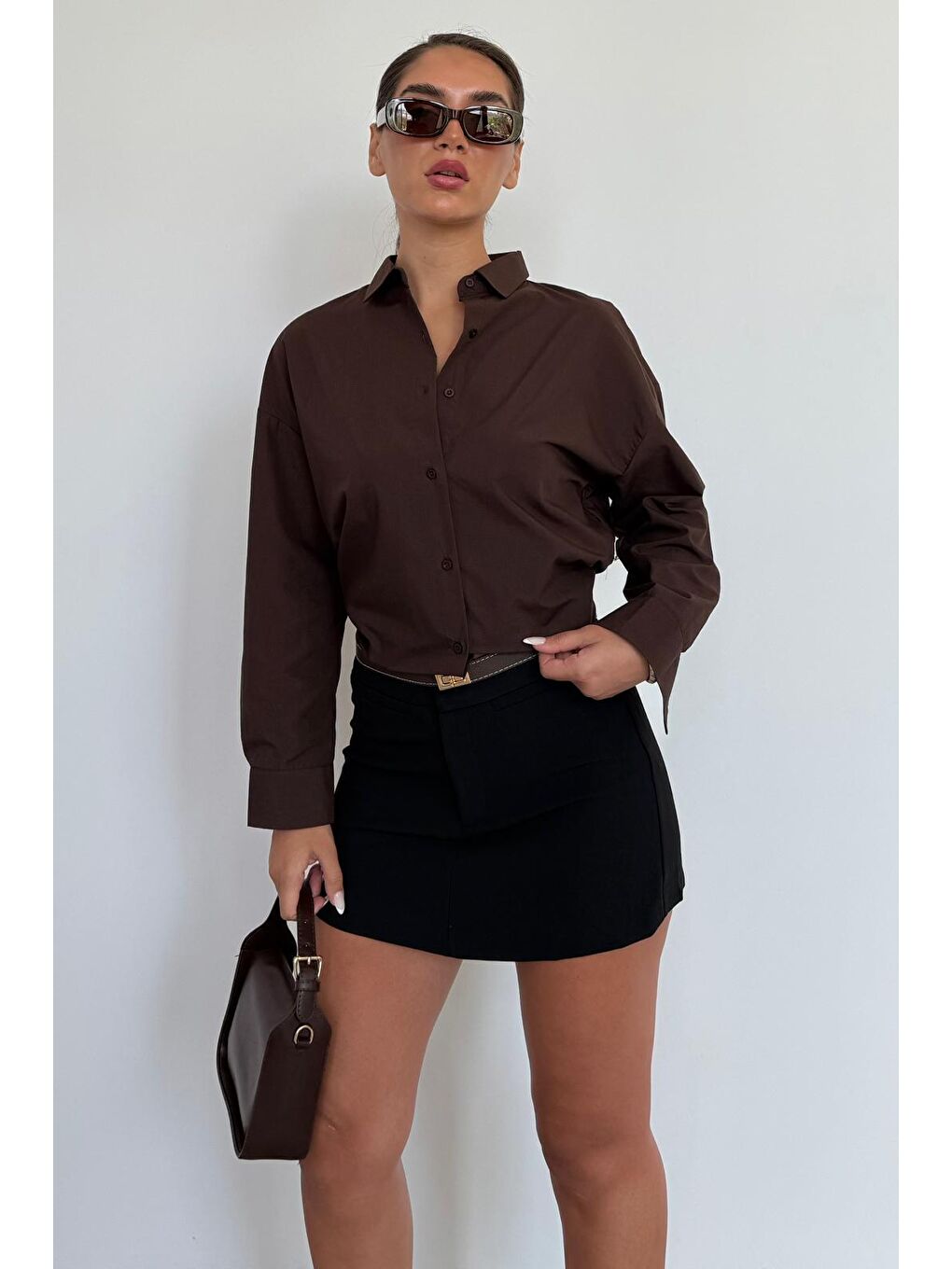 Kahverengi Basic Kadın Gömlek Mg2355-2