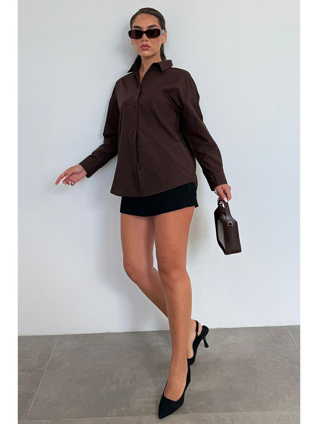 Kahverengi Basic Kadın Gömlek Mg2355-3