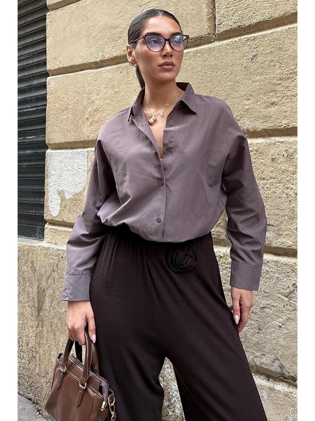 Kahverengi Basic Kadın Gömlek Mg2355-6