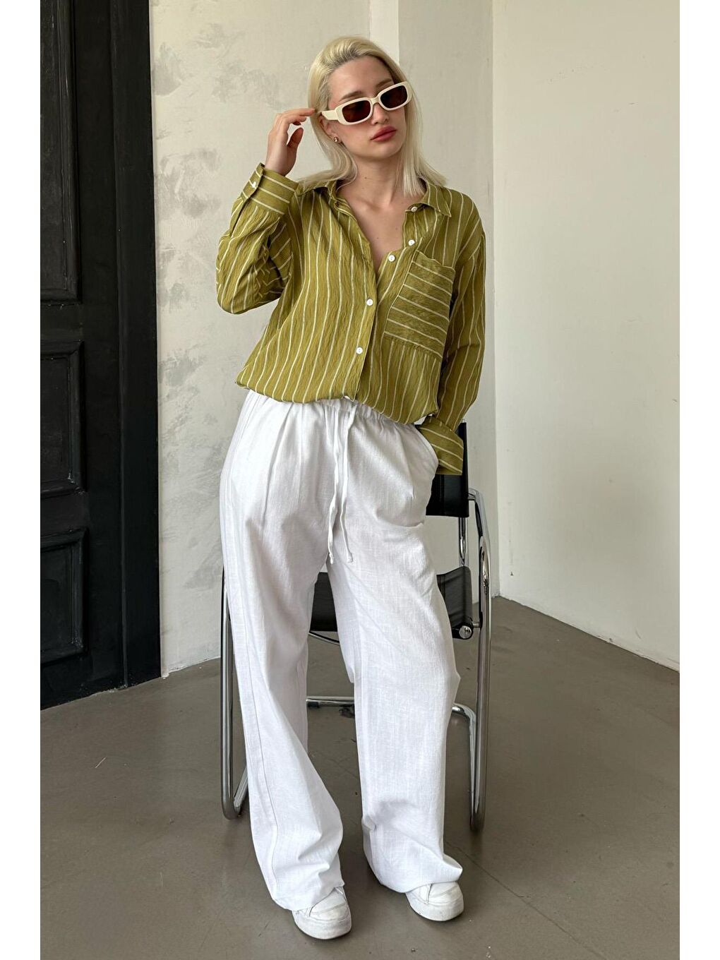 Haki Çizgili Cepli Kadın Gömlek Mg2345-4