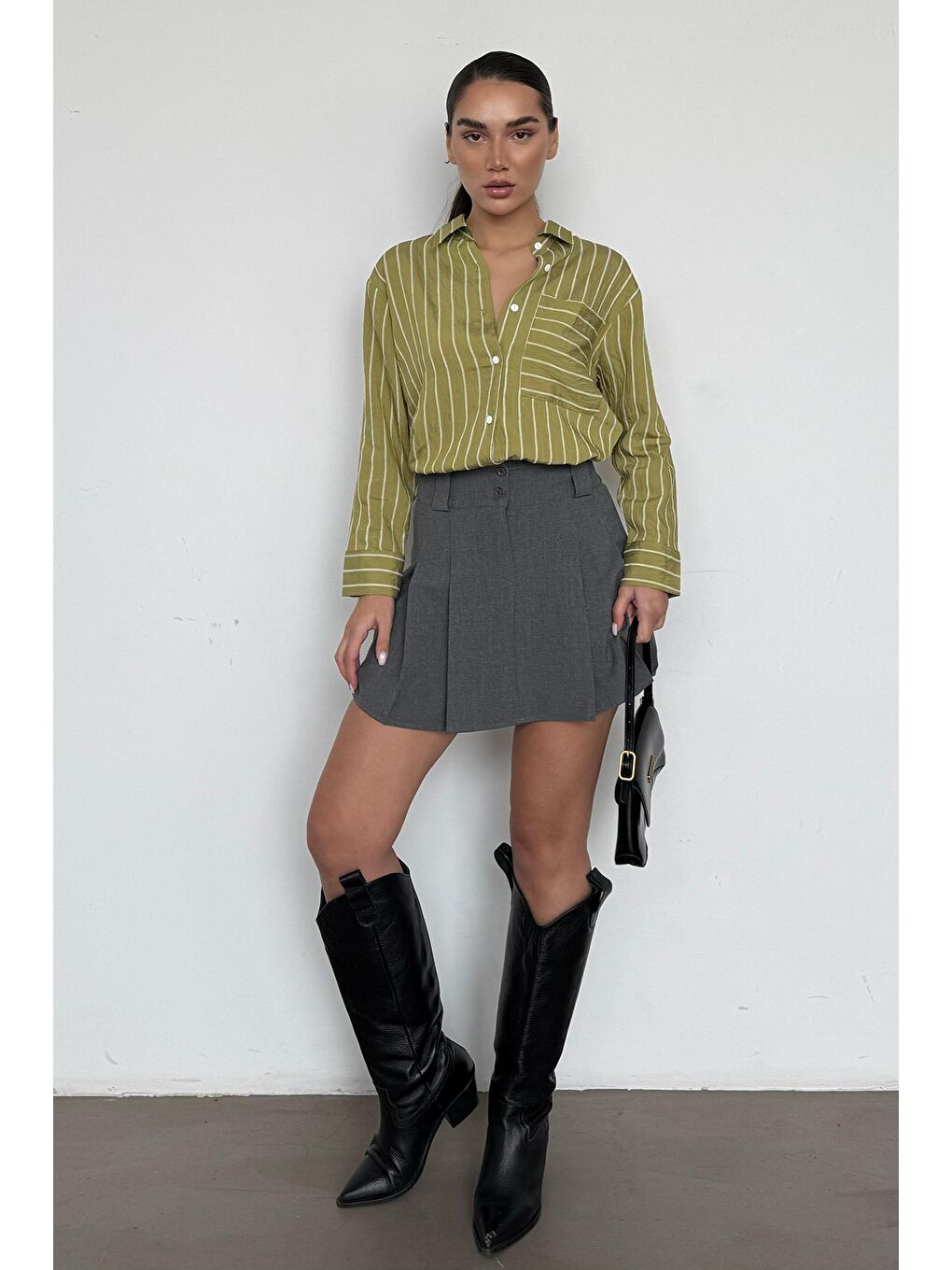 Haki Çizgili Cepli Kadın Gömlek Mg2345-6