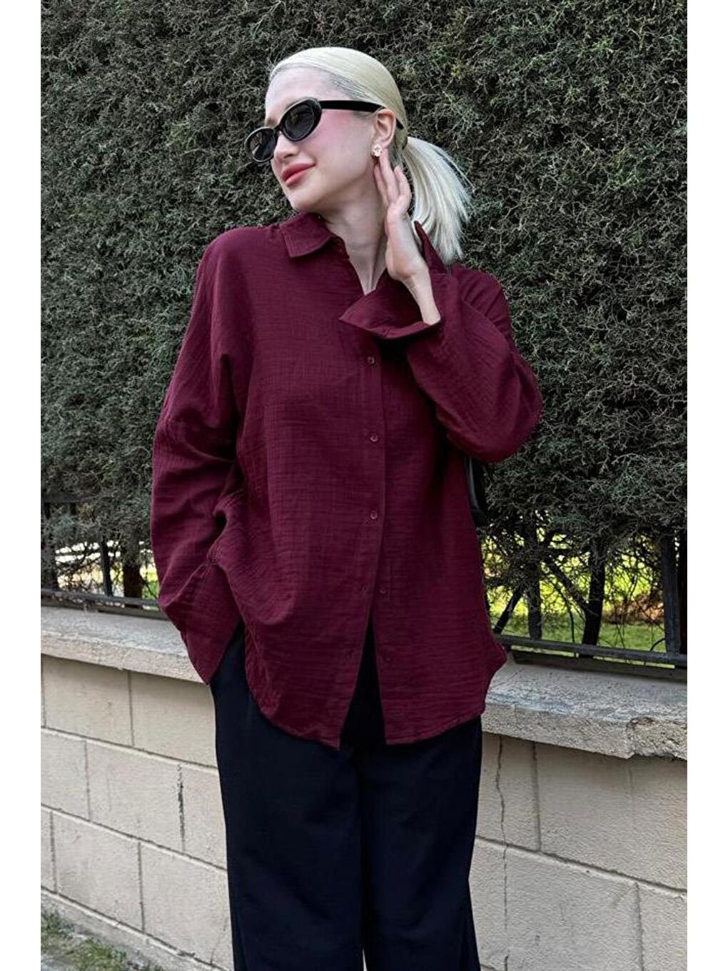 Bordo Muslin Kumaş Basic Kadın Gömlek Mg1660
