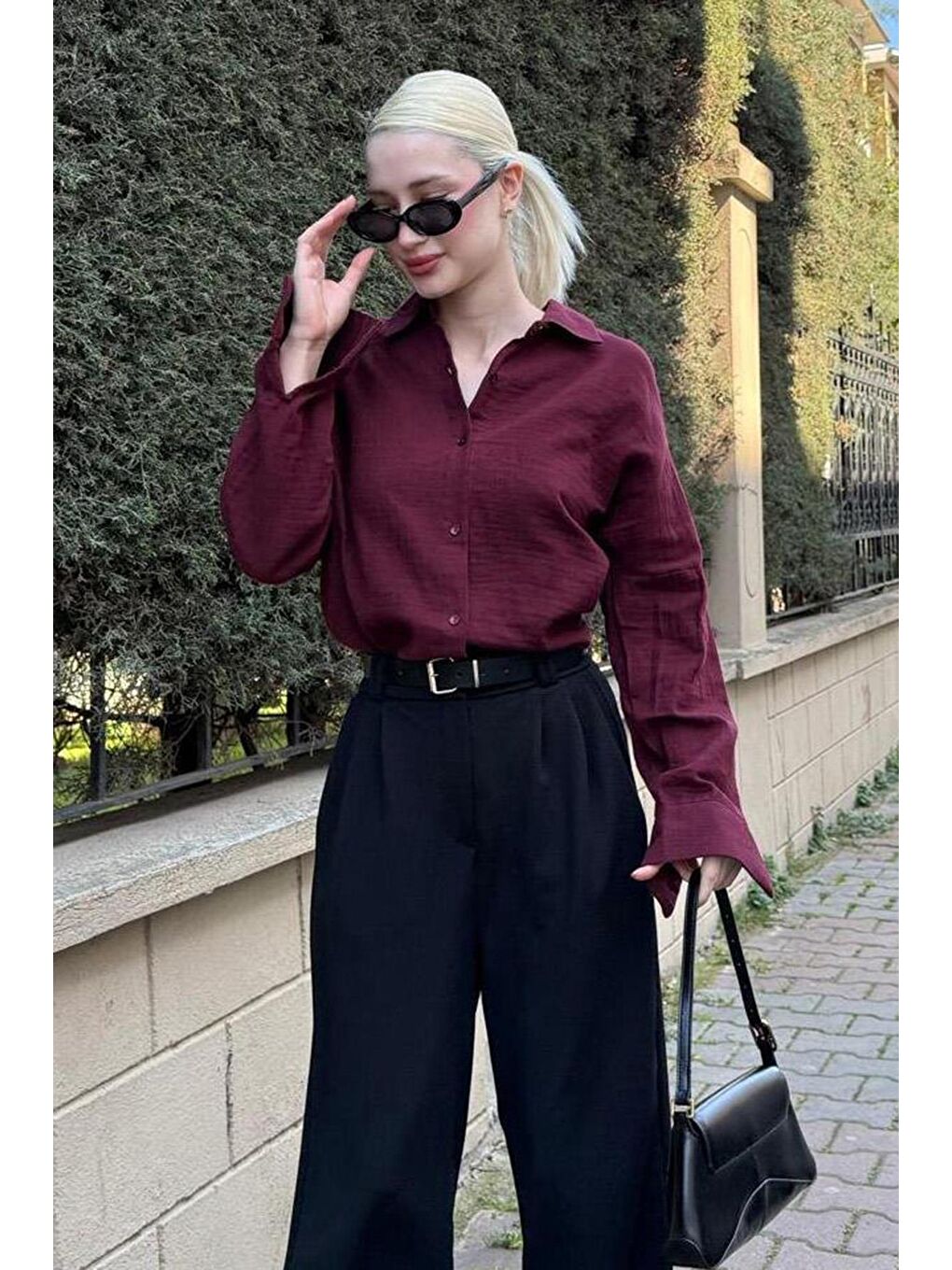 Bordo Muslin Kumaş Basic Kadın Gömlek Mg1660-1