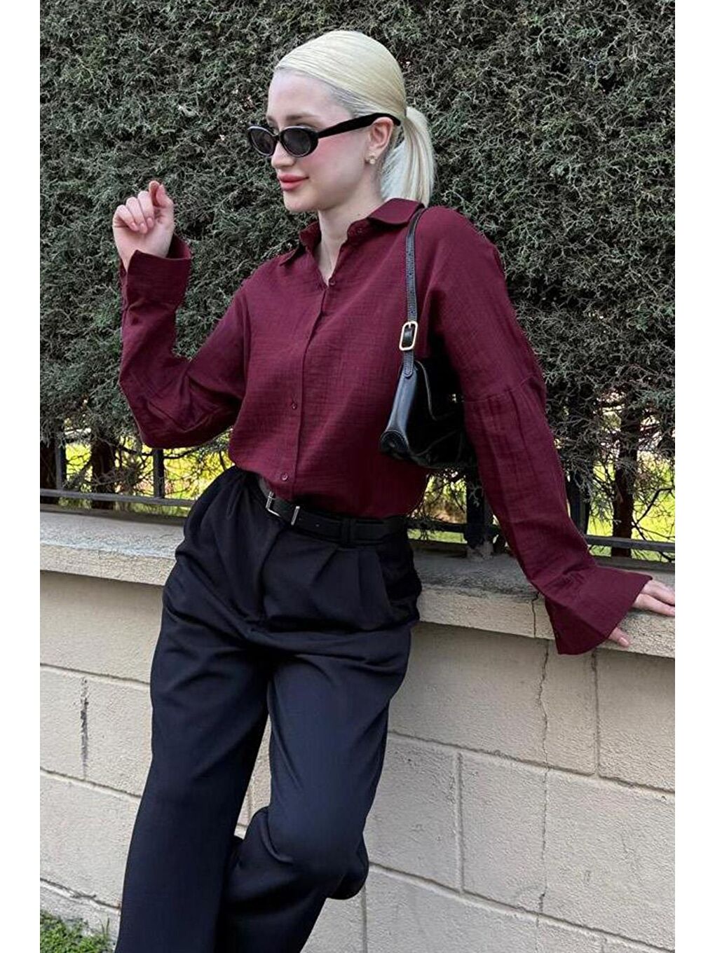 Bordo Muslin Kumaş Basic Kadın Gömlek Mg1660-3