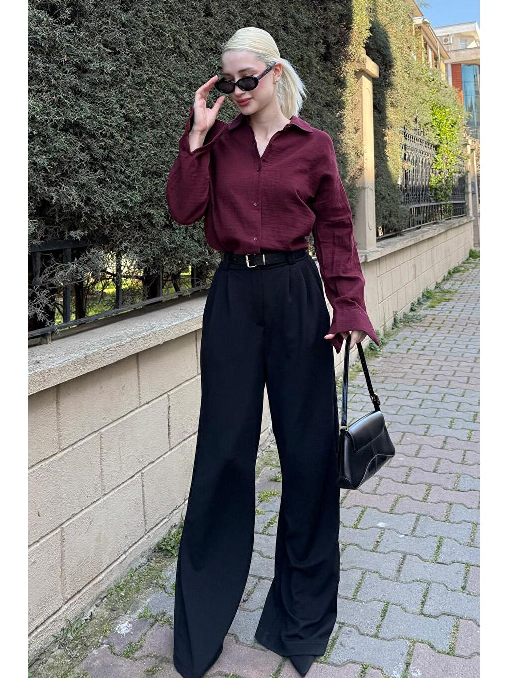 Bordo Muslin Kumaş Basic Kadın Gömlek Mg1660-4