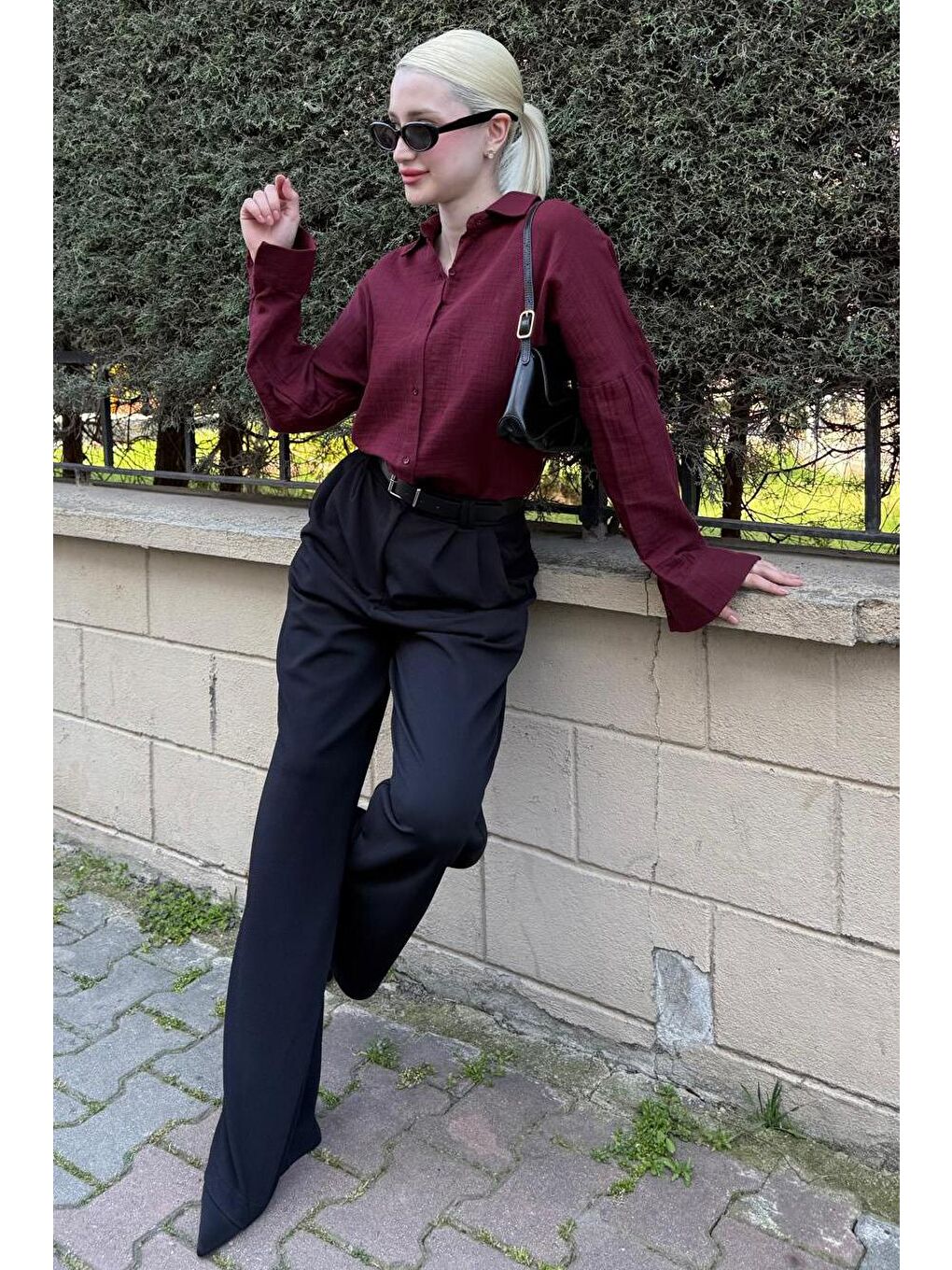 Bordo Muslin Kumaş Basic Kadın Gömlek Mg1660-5