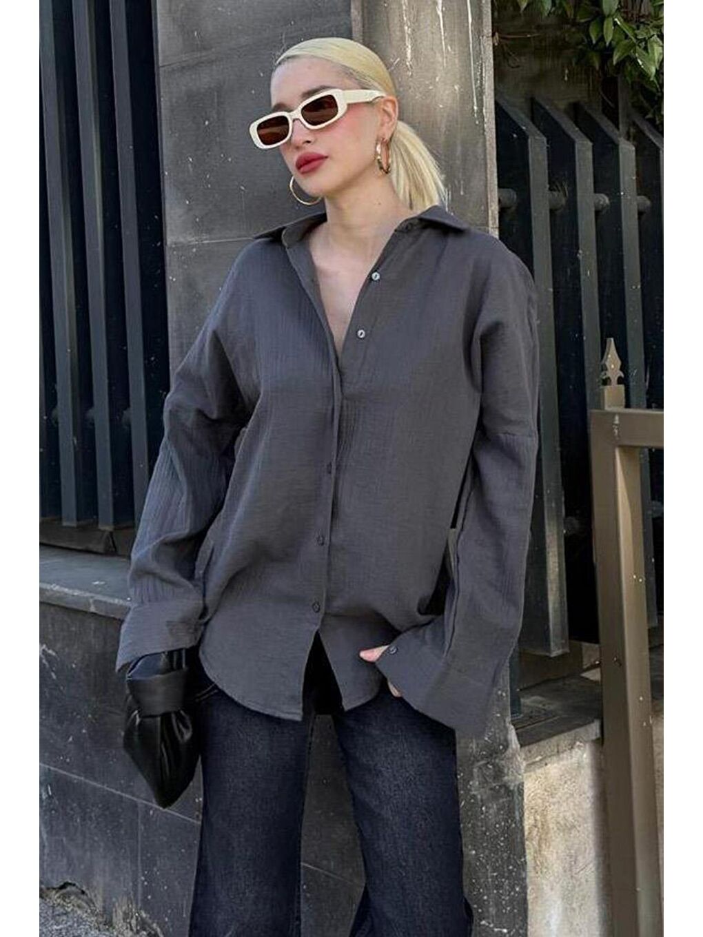 Antrasit Muslin Kumaş Basic Kadın Gömlek Mg1660