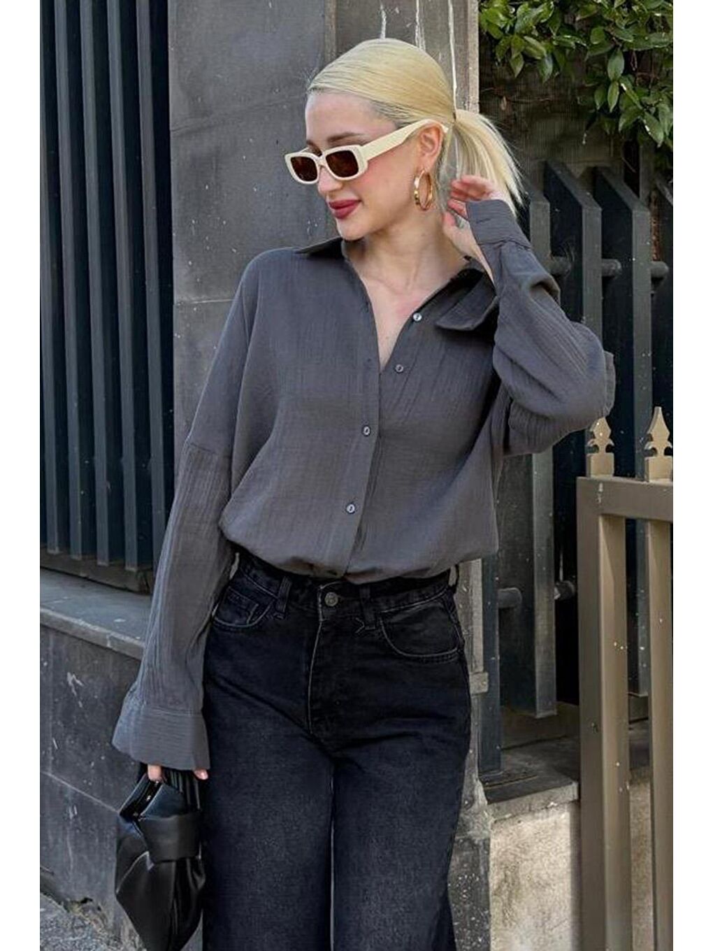 Antrasit Muslin Kumaş Basic Kadın Gömlek Mg1660-1