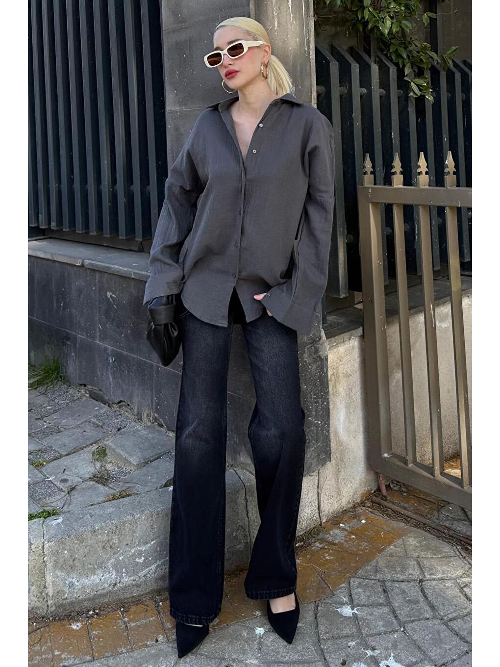 Antrasit Muslin Kumaş Basic Kadın Gömlek Mg1660-2