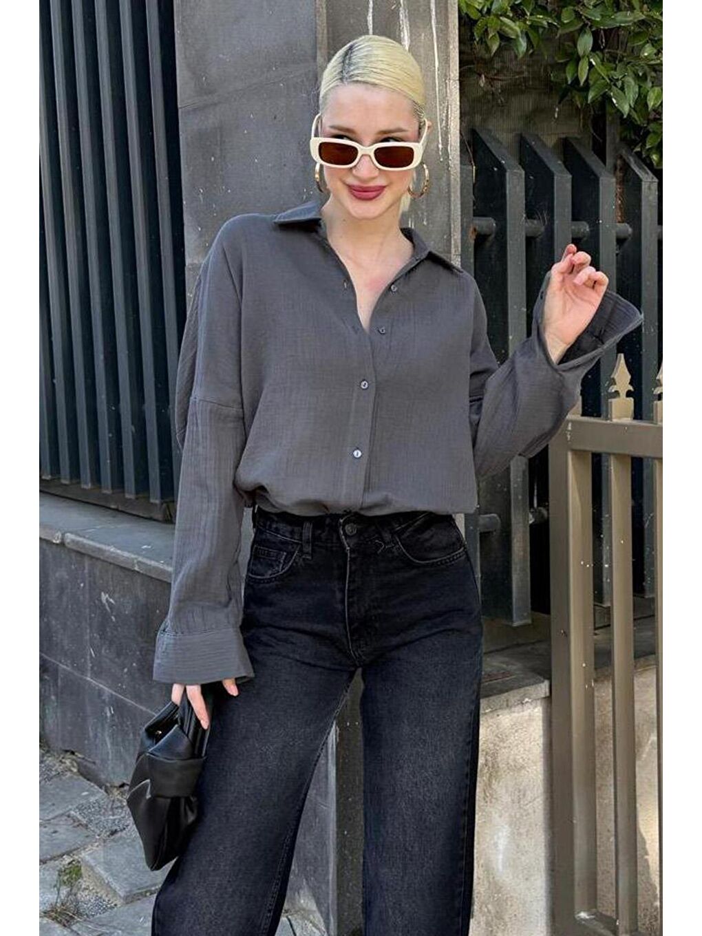 Antrasit Muslin Kumaş Basic Kadın Gömlek Mg1660-4