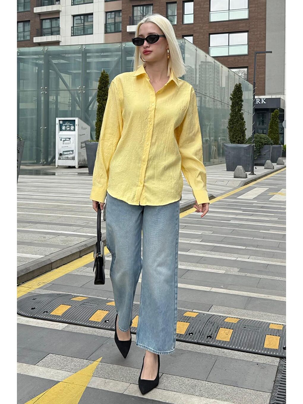 Sarı Kırışık Desen Kadın Gömlek Mg2313-1