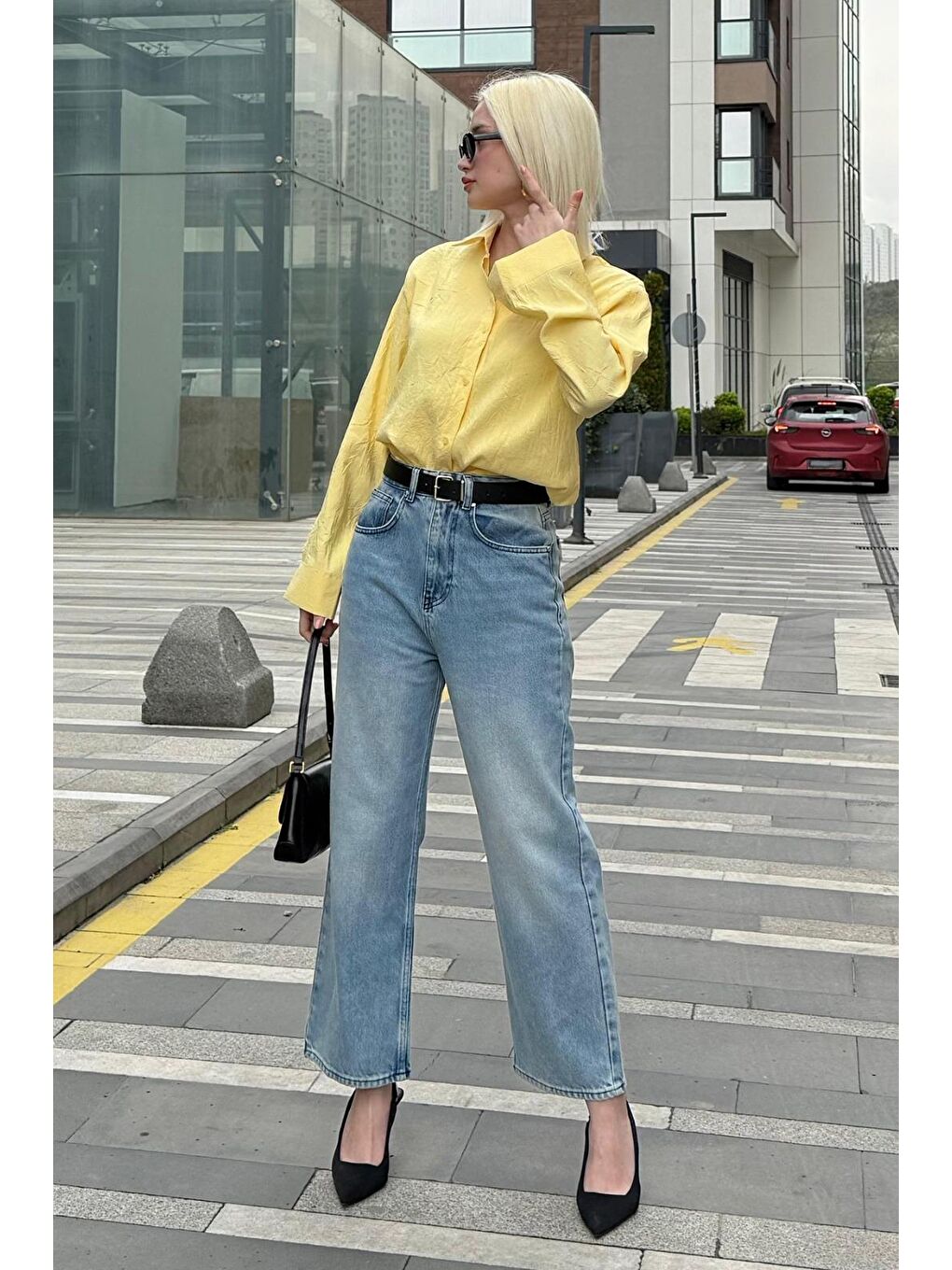 Sarı Kırışık Desen Kadın Gömlek Mg2313-2