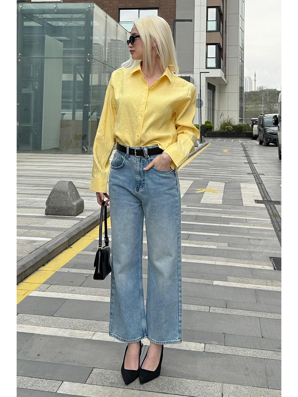 Sarı Kırışık Desen Kadın Gömlek Mg2313-3