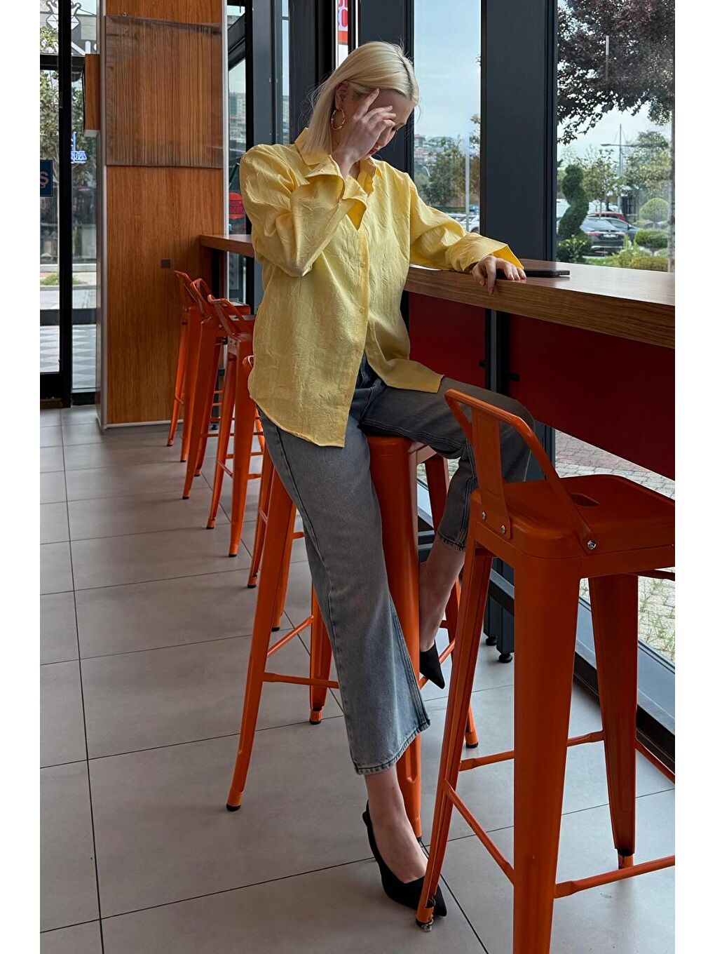 Sarı Kırışık Desen Kadın Gömlek Mg2313-4