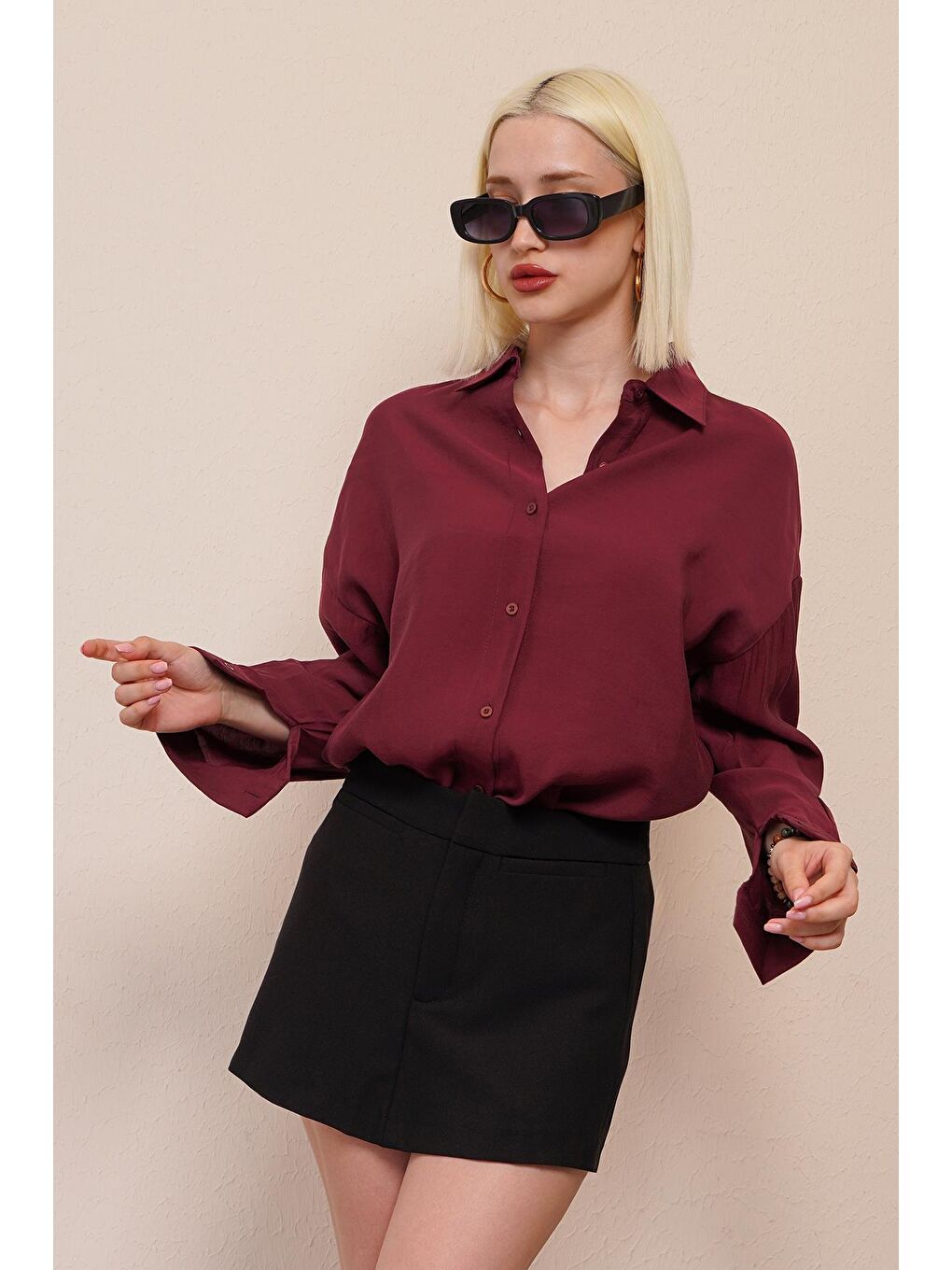 Bordo Uzun Kollu Oversize Gömlek Mg2003