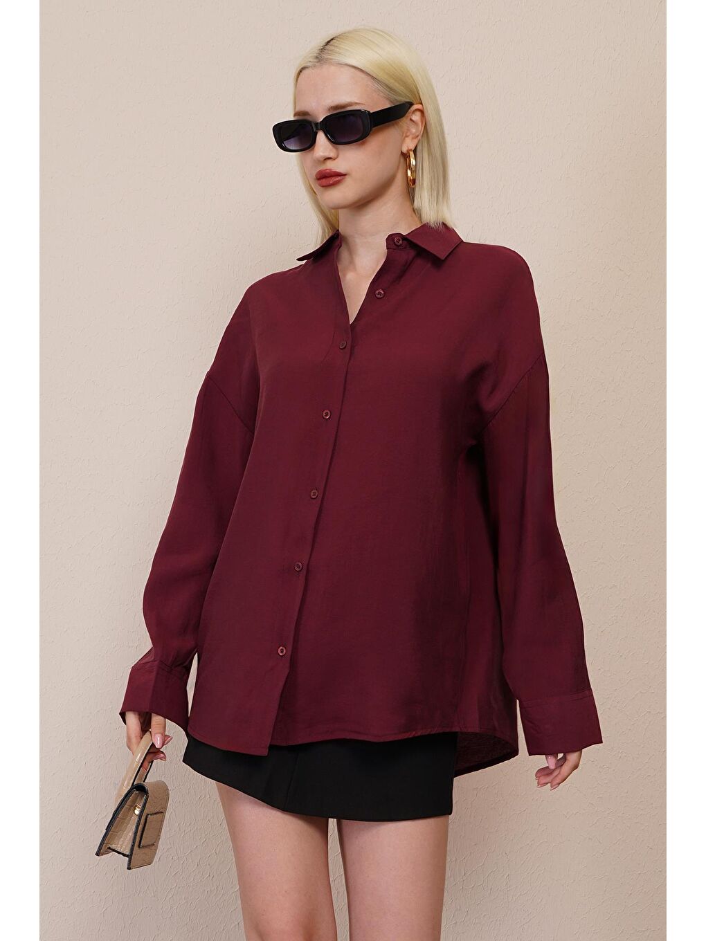 Bordo Uzun Kollu Oversize Gömlek Mg2003-1