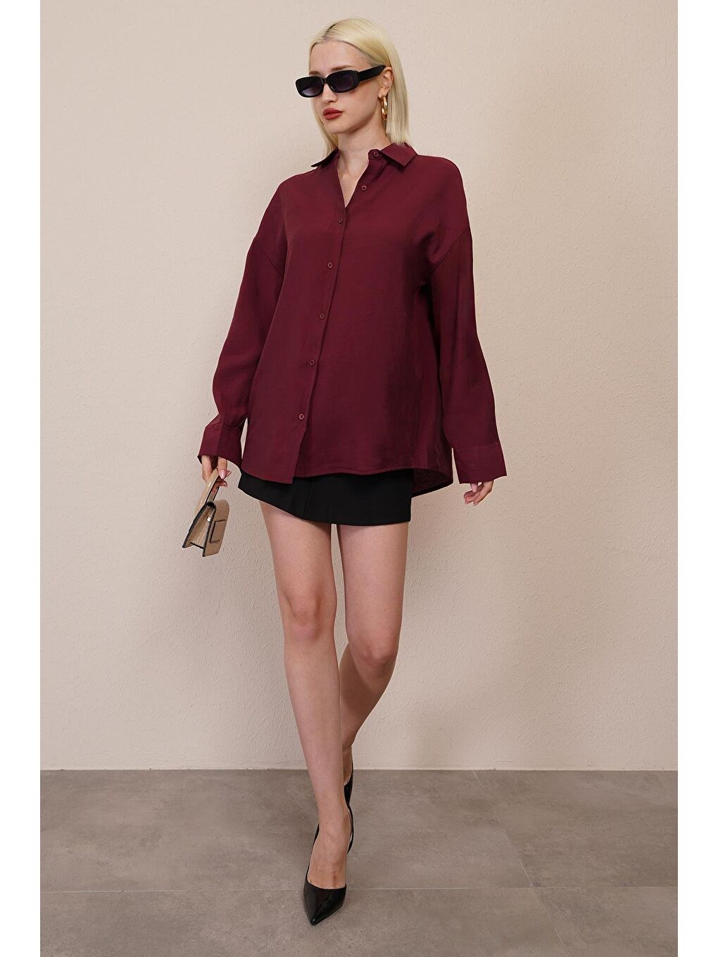 Bordo Uzun Kollu Oversize Gömlek Mg2003-2