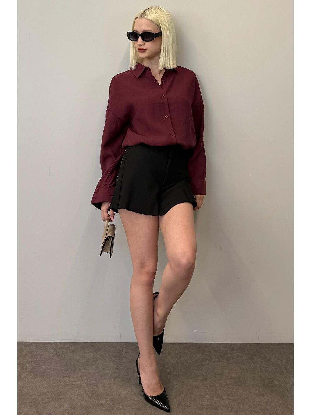 Bordo Uzun Kollu Oversize Gömlek Mg2003-4