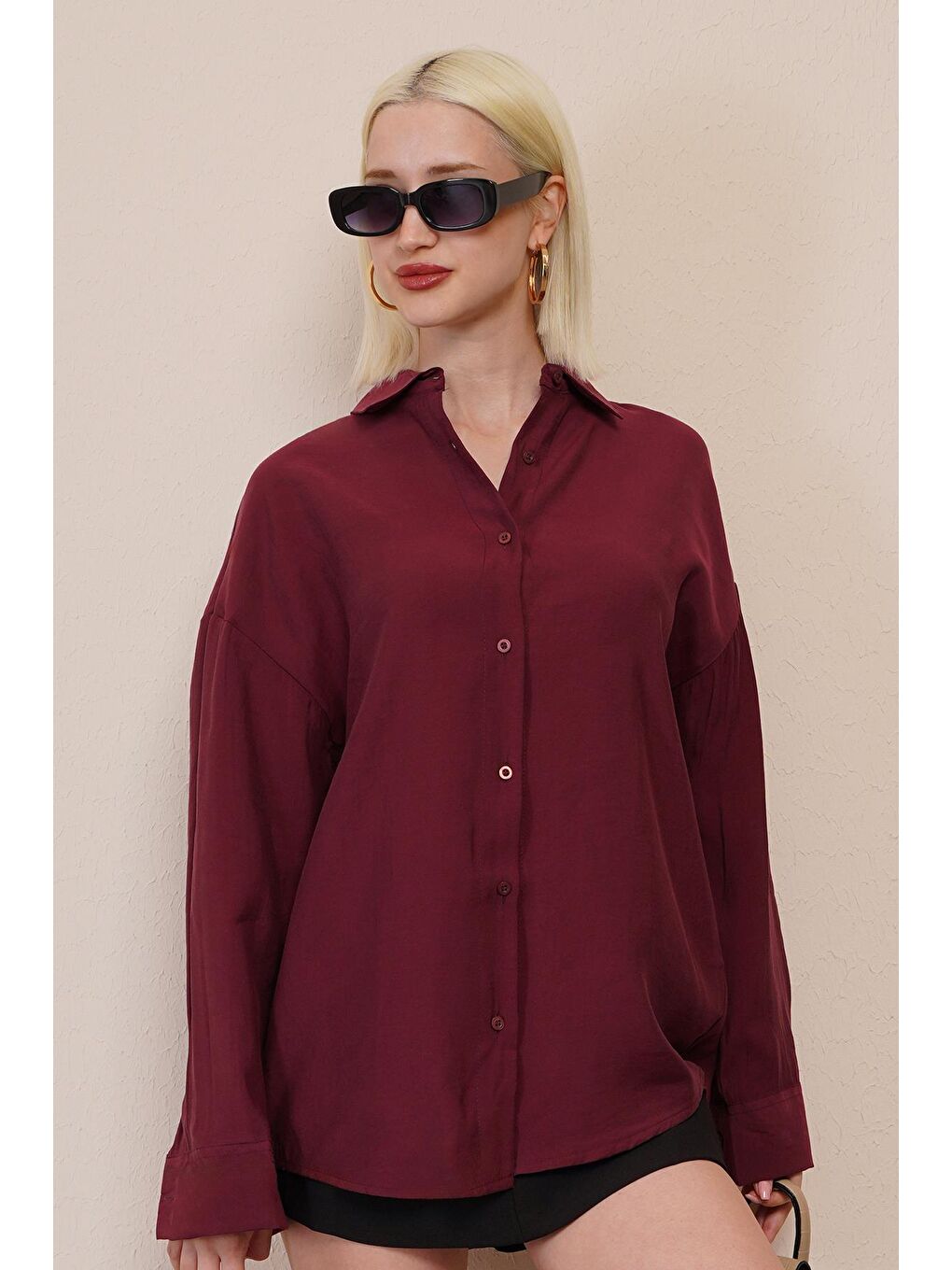 Bordo Uzun Kollu Oversize Gömlek Mg2003-5