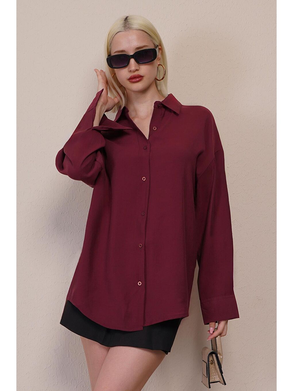 Bordo Uzun Kollu Oversize Gömlek Mg2003-7