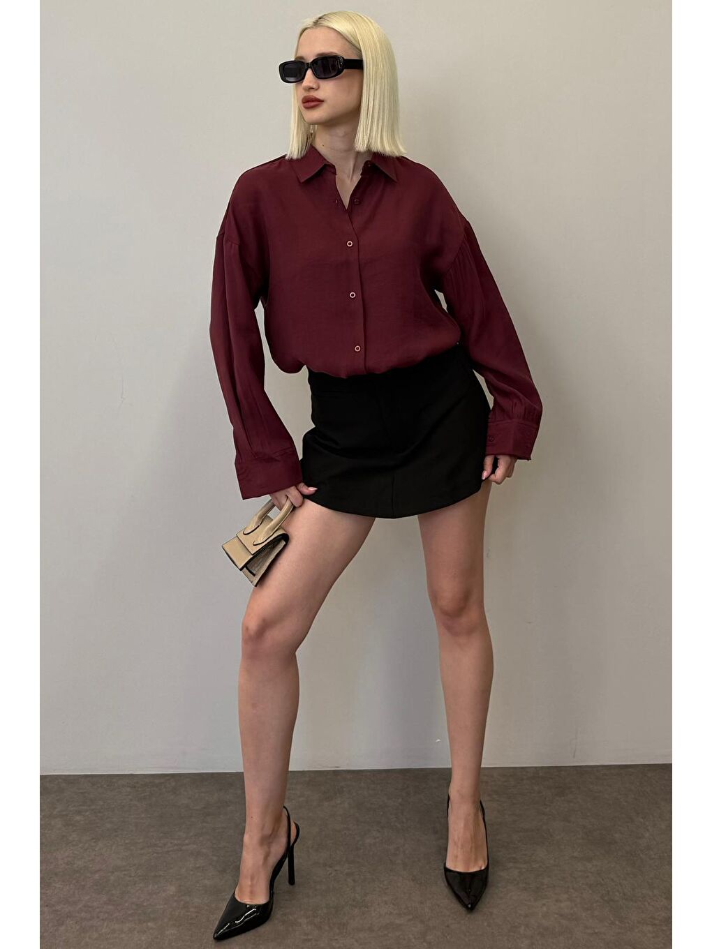 Bordo Uzun Kollu Oversize Gömlek Mg2003-8