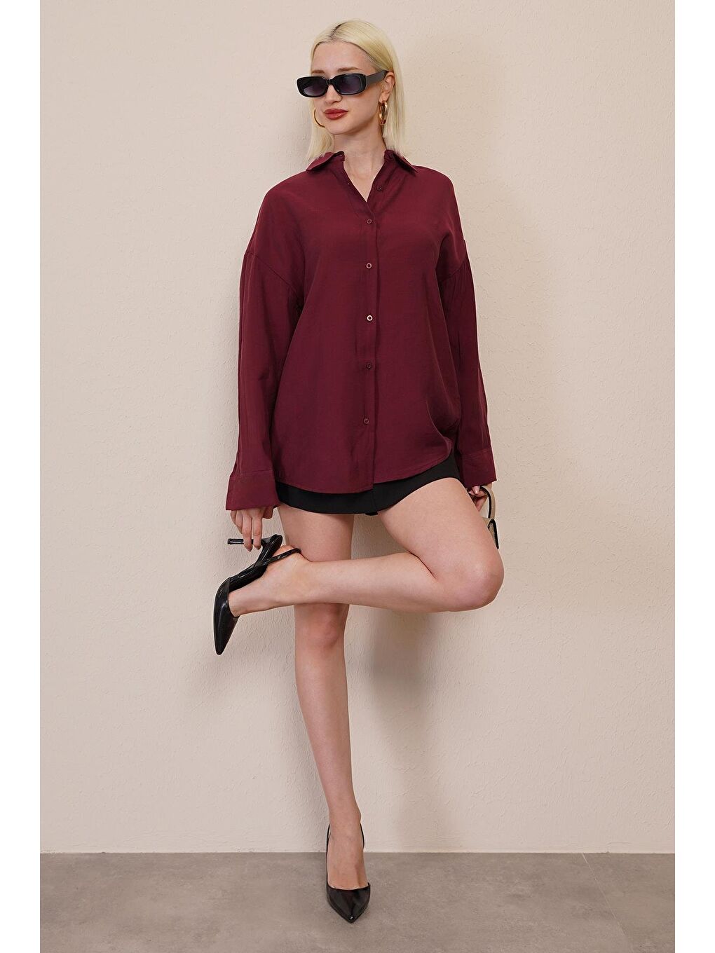 Bordo Uzun Kollu Oversize Gömlek Mg2003-9